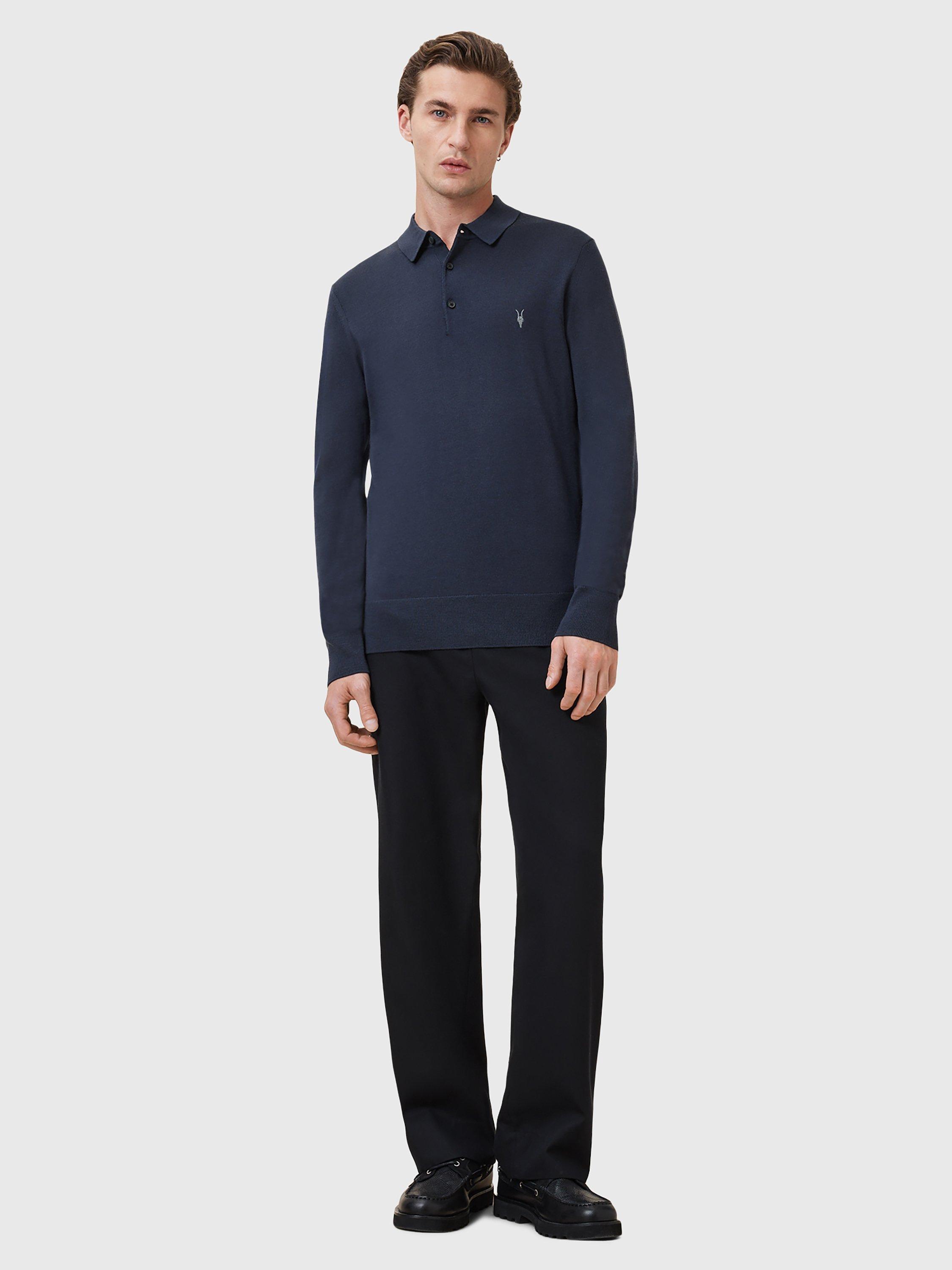Product image 3 of 6, which shows AllSaints Mode Merino Long Sleeve Polo Shirt, Navy Blue, XS