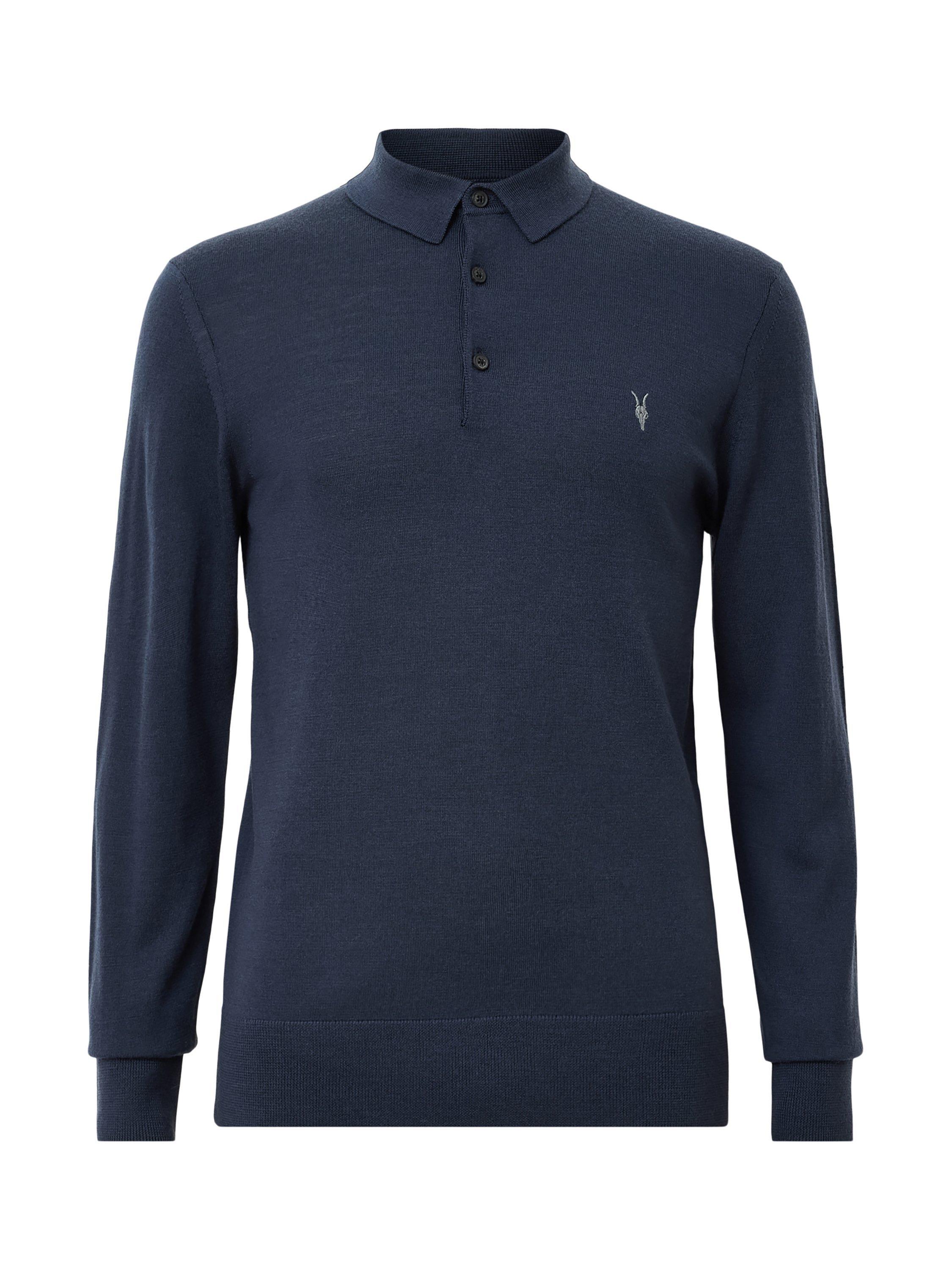 Product image 4 of 6, which shows AllSaints Mode Merino Long Sleeve Polo Shirt, Navy Blue, XS