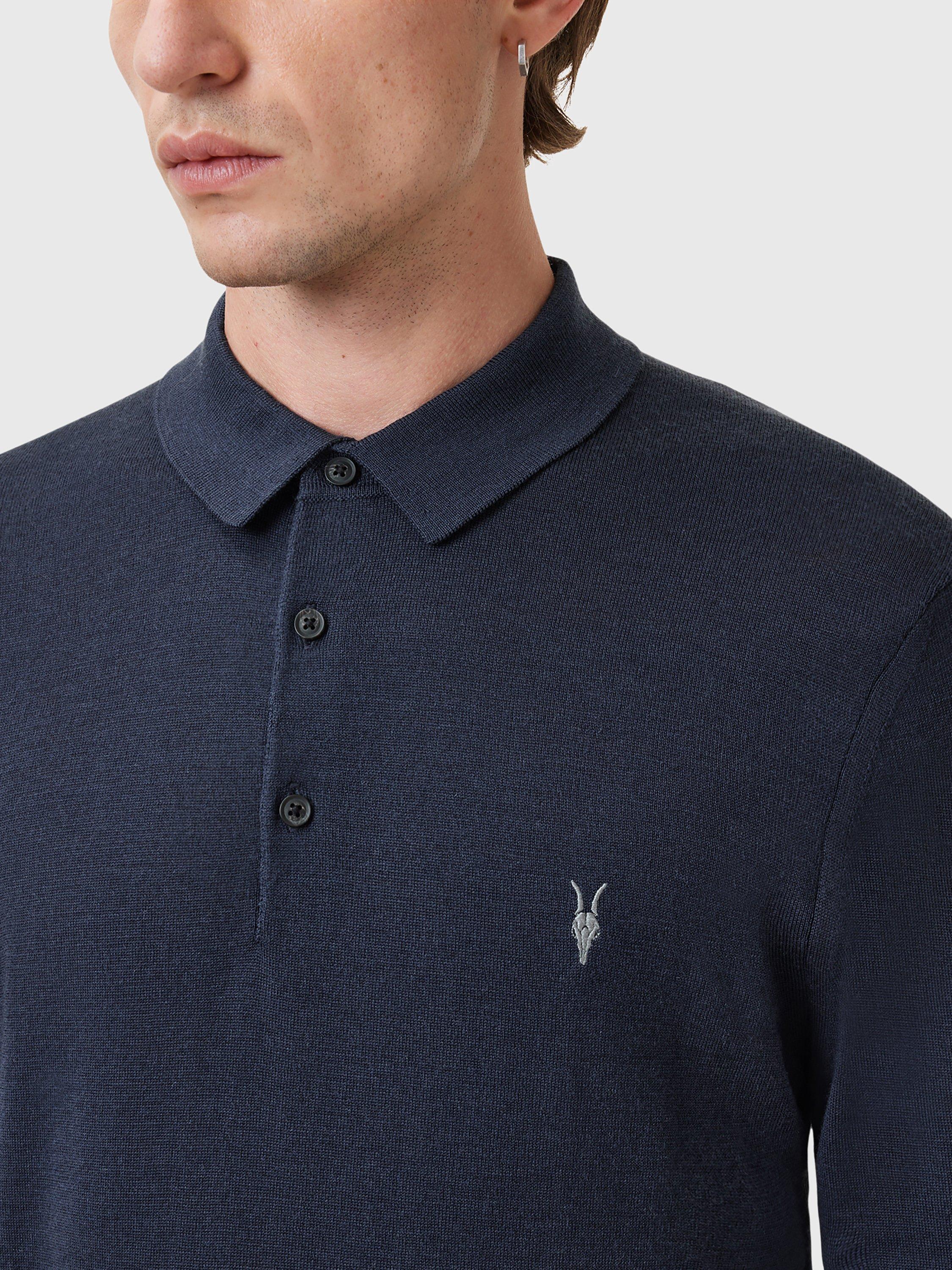 Product image 5 of 6, which shows AllSaints Mode Merino Long Sleeve Polo Shirt, Navy Blue, XS
