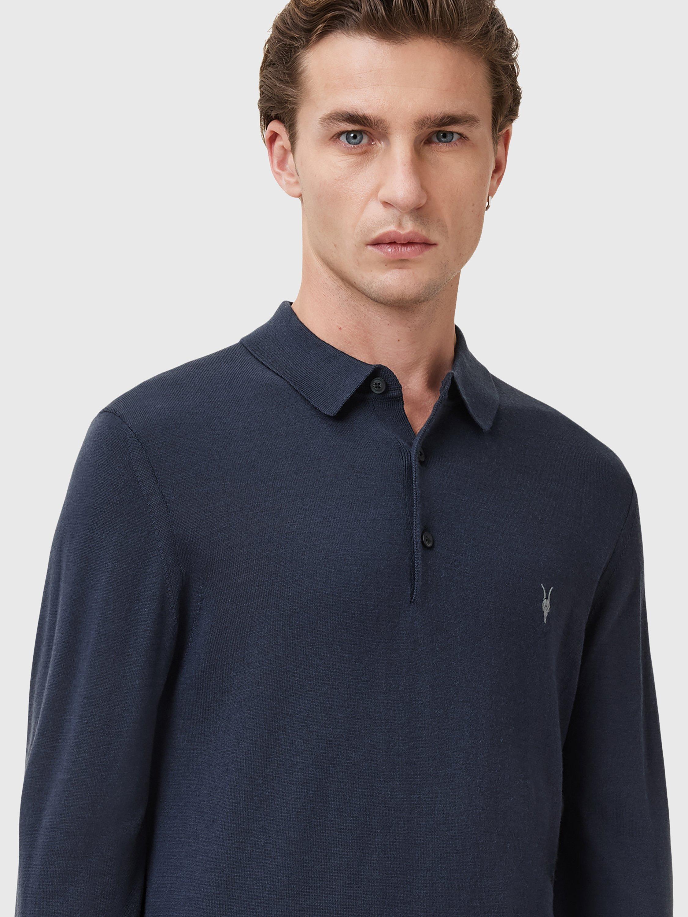 Product image 6 of 6, which shows AllSaints Mode Merino Long Sleeve Polo Shirt, Navy Blue, XS