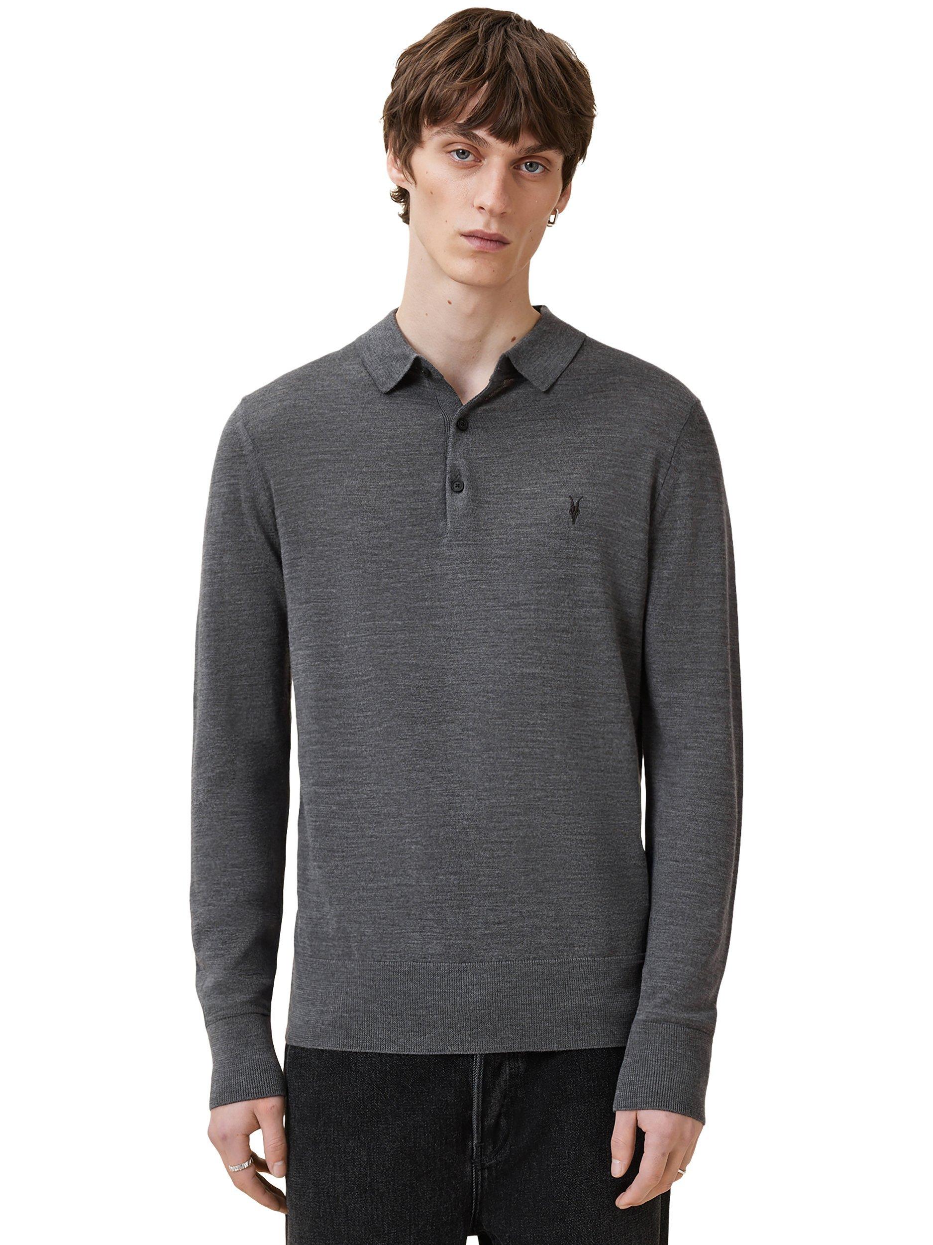 Product image 1 of 1, which shows AllSaints Mode Ramskull Merino Wool Polo Shirt, Monument Grey, L