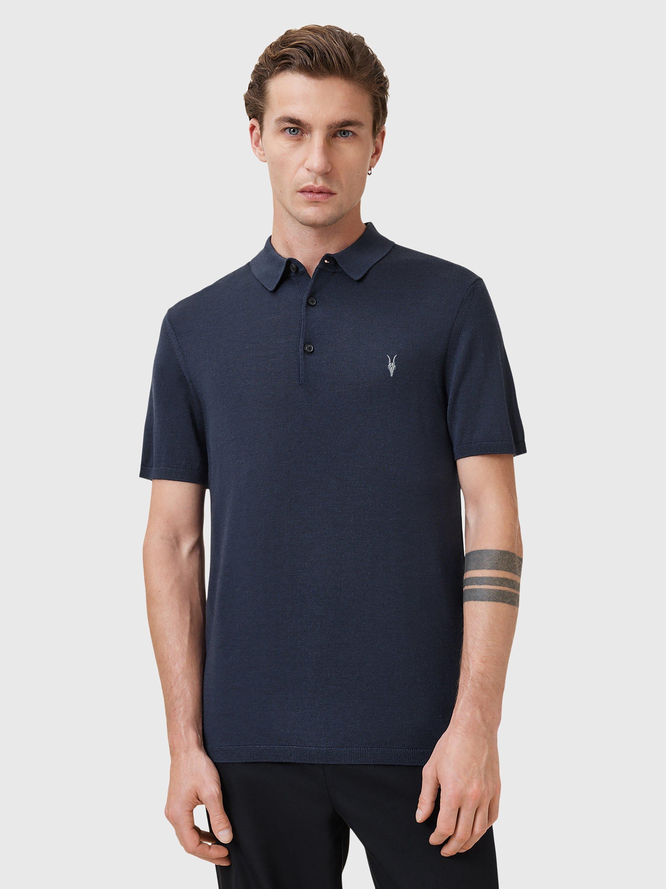 Product image 1 of 6, which shows AllSaints Mode Merino Wool Short Sleeve Polo Shirt, Navy Blue, XS