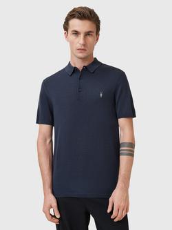 AllSaints Mode Merino Wool Short Sleeve Polo Shirt, Navy Blue