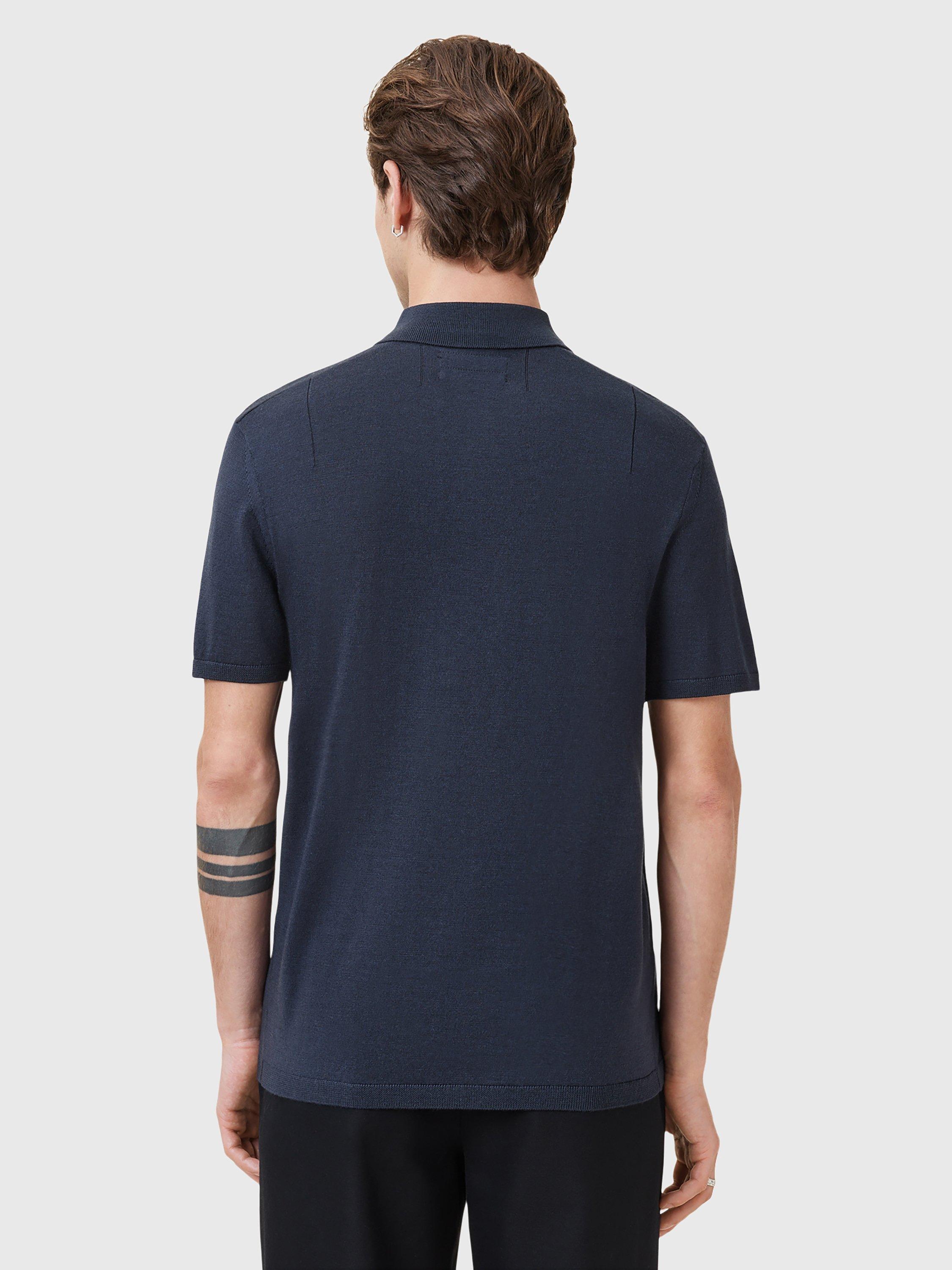 Product image 2 of 6, which shows AllSaints Mode Merino Wool Short Sleeve Polo Shirt, Navy Blue, XS