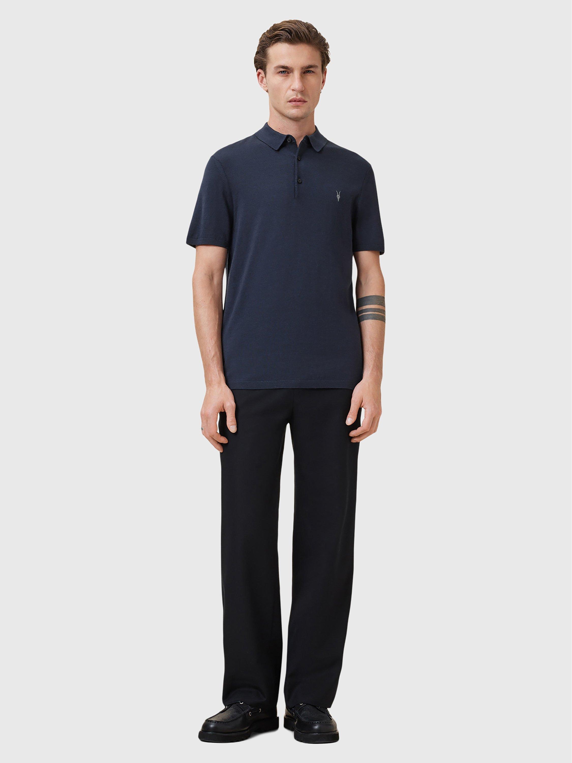 Product image 3 of 6, which shows AllSaints Mode Merino Wool Short Sleeve Polo Shirt, Navy Blue, XS