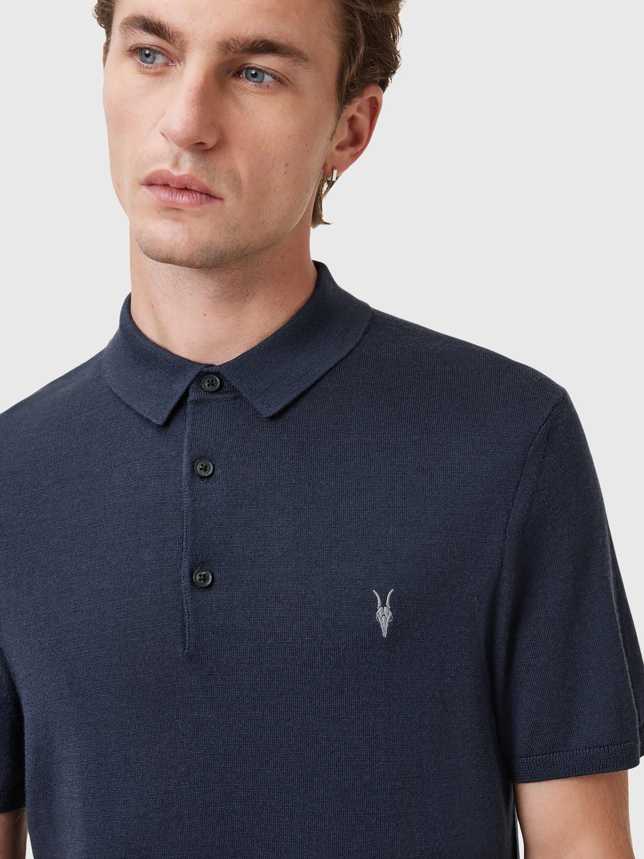 Product image 5 of 6, which shows AllSaints Mode Merino Wool Short Sleeve Polo Shirt, Navy Blue, XS
