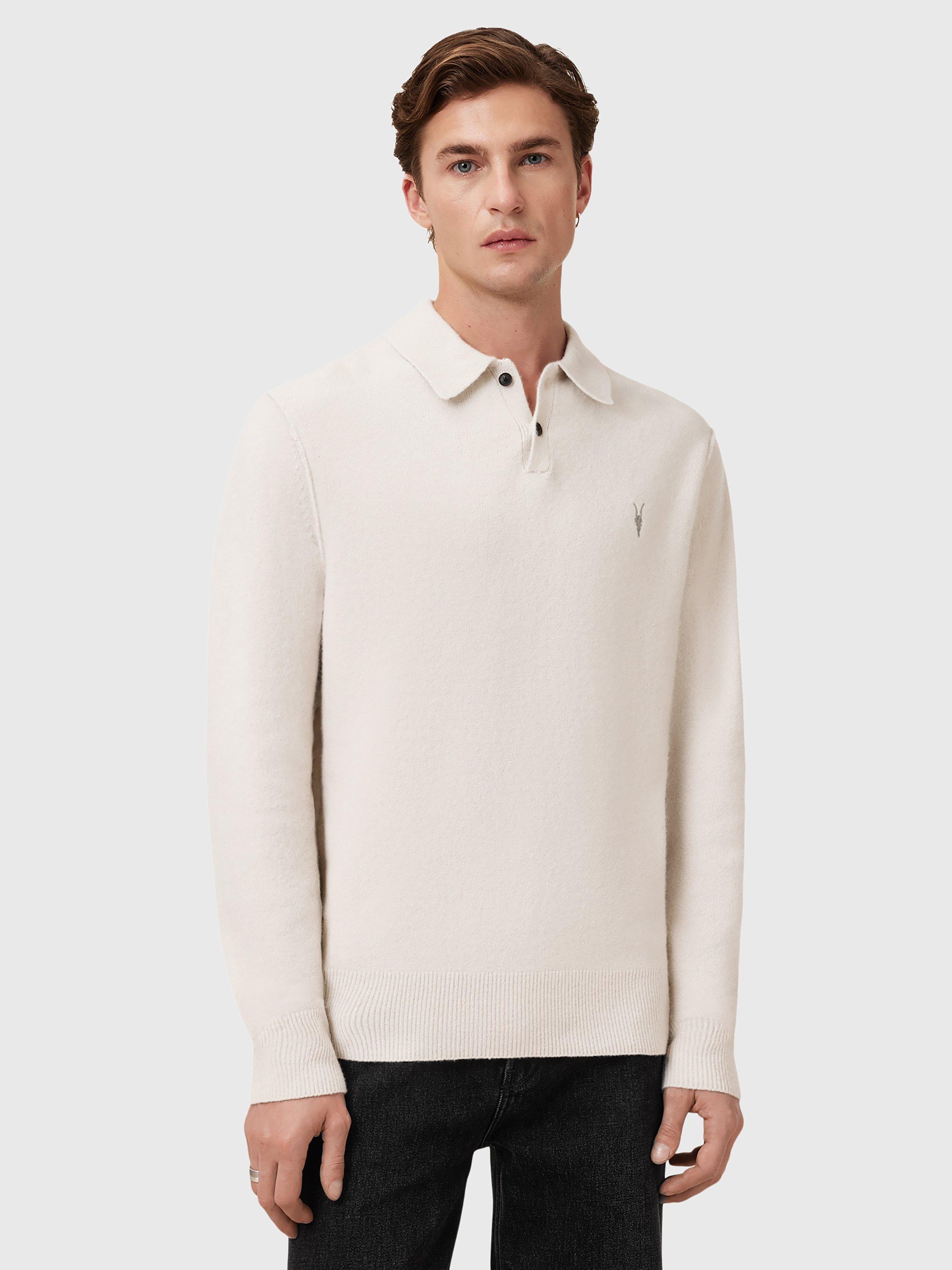 Product image 1 of 9, which shows AllSaints Stattan Wool Blend Long Sleeve Polo Shirt, White Off White, L