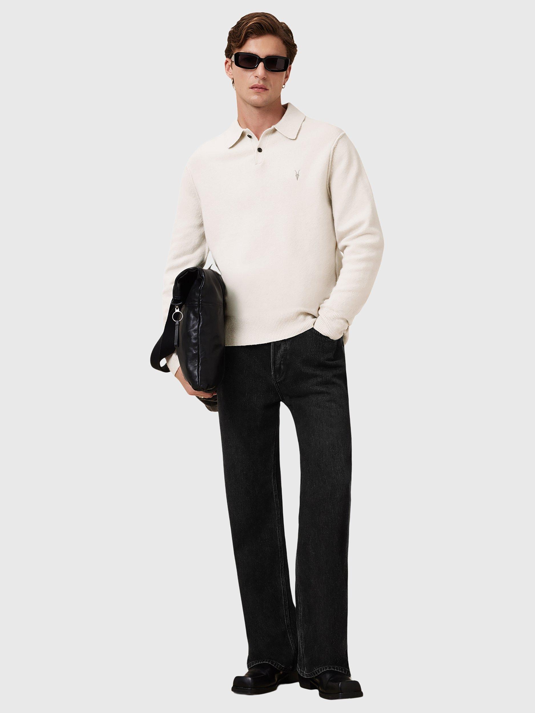 Product image 7 of 9, which shows AllSaints Stattan Wool Blend Long Sleeve Polo Shirt, White Off White, L