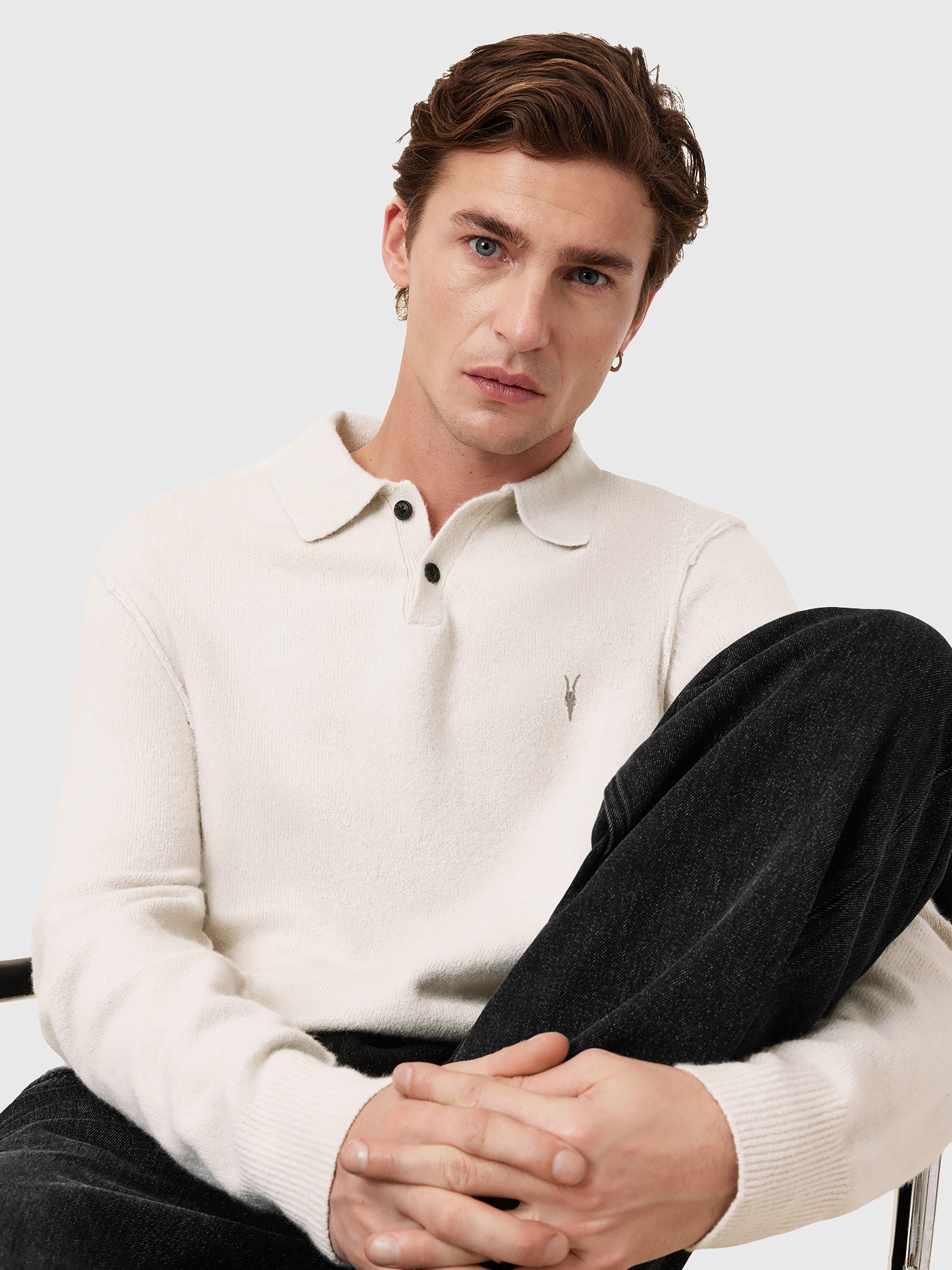 Product image 8 of 9, which shows AllSaints Stattan Wool Blend Long Sleeve Polo Shirt, White Off White, L
