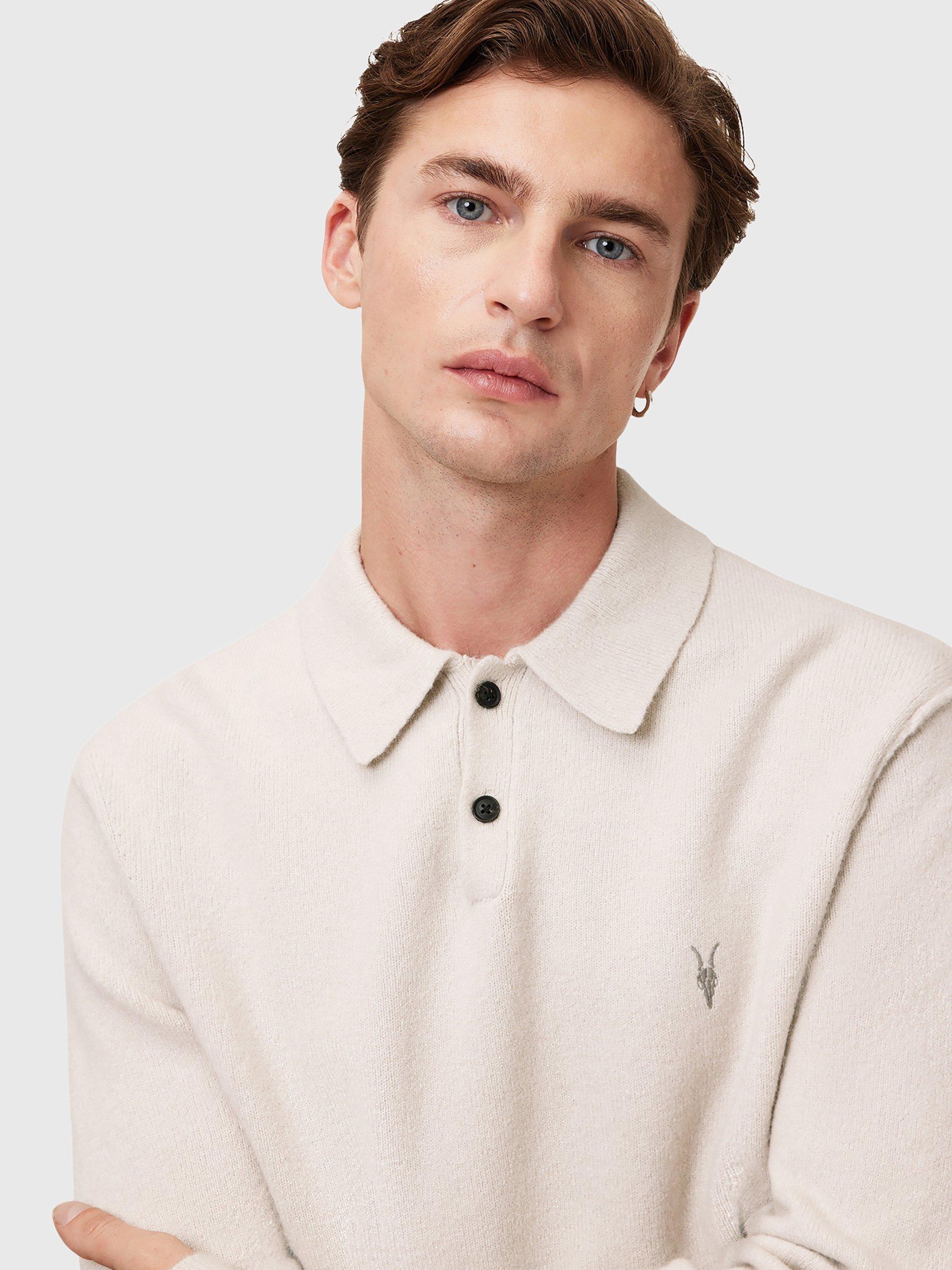 Product image 9 of 9, which shows AllSaints Stattan Wool Blend Long Sleeve Polo Shirt, White Off White, L