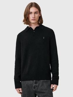 AllSaints Statten Wool Blend Regular Fit Long Sleeve Polo Shirt containing LENZING™ ECOVERO™ Viscose, Black