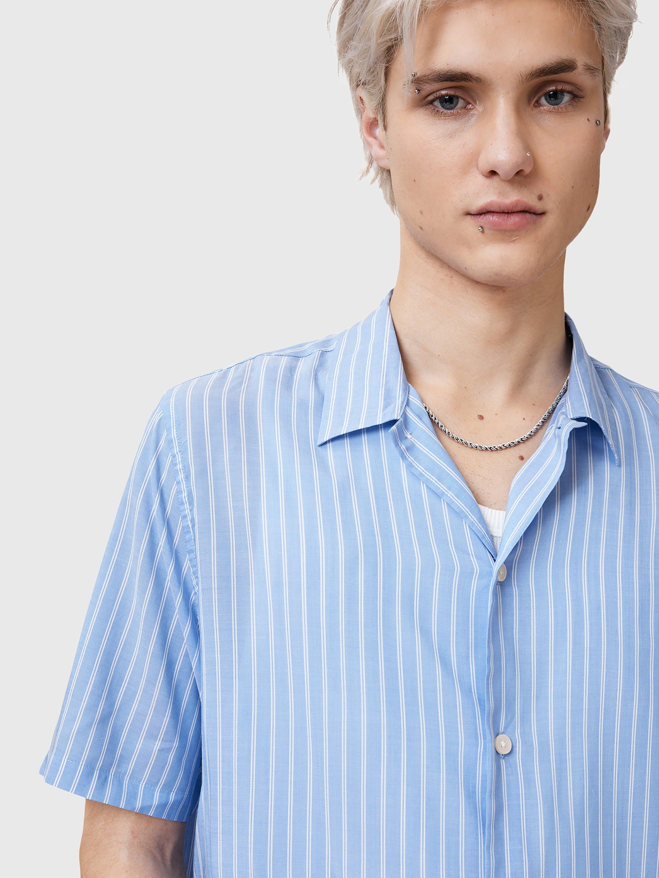 Product image 5 of 8, which shows AllSaints Arran Loose Fit Stripe Shirt, Areo Blue, L