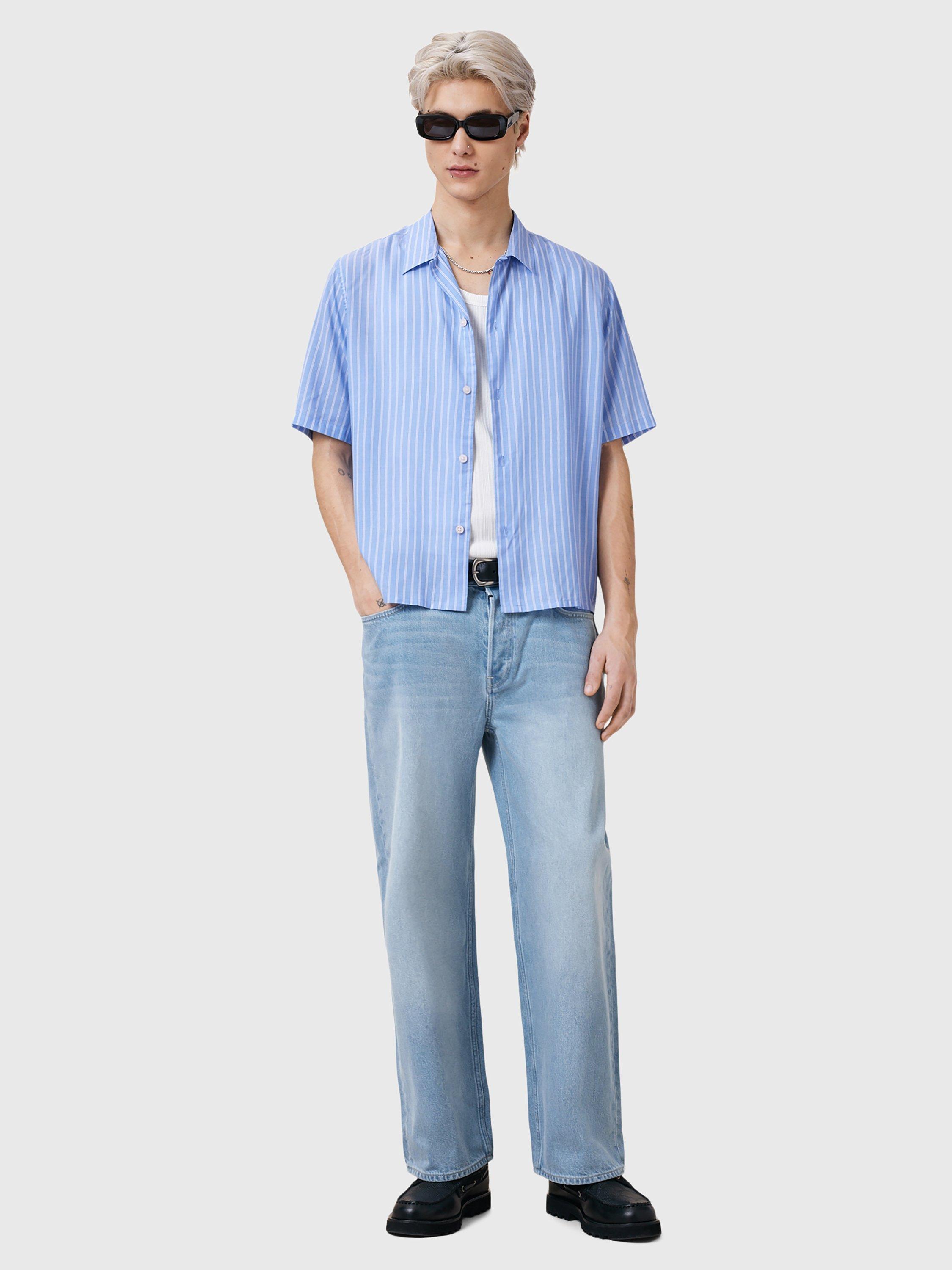 Product image 6 of 8, which shows AllSaints Arran Loose Fit Stripe Shirt, Areo Blue, L