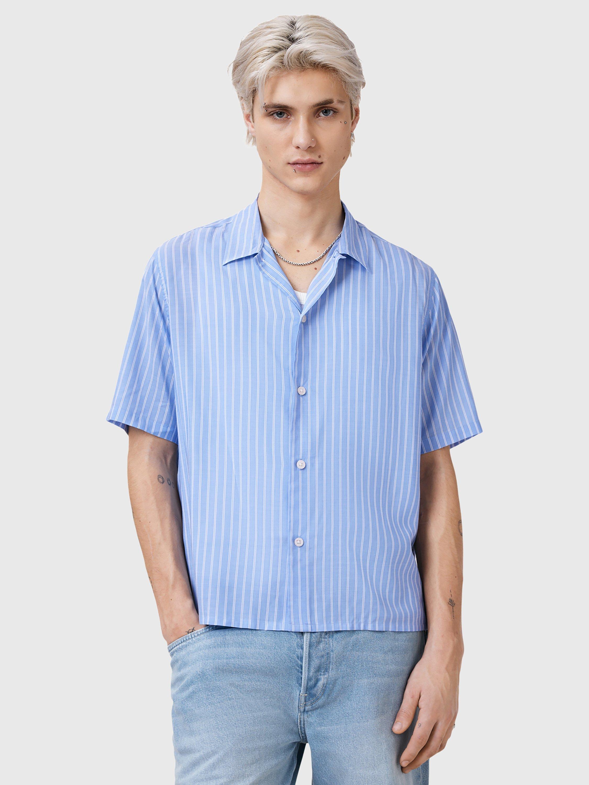 Product image 7 of 8, which shows AllSaints Arran Loose Fit Stripe Shirt, Areo Blue, L
