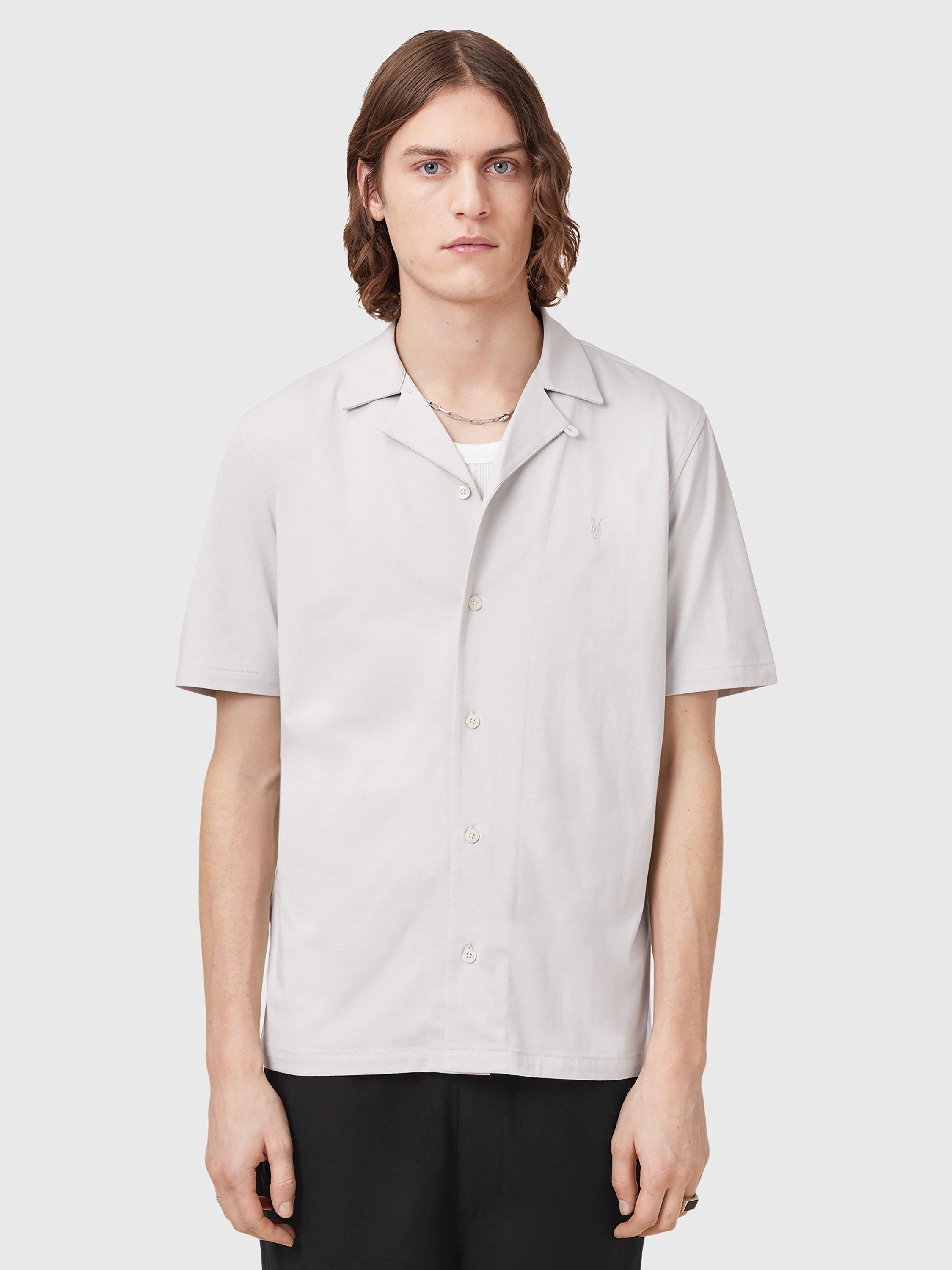 Product image 1 of 6, which shows AllSaints Hudson Loose Fit Revere Collar Shirt, Cloudy Grey, L