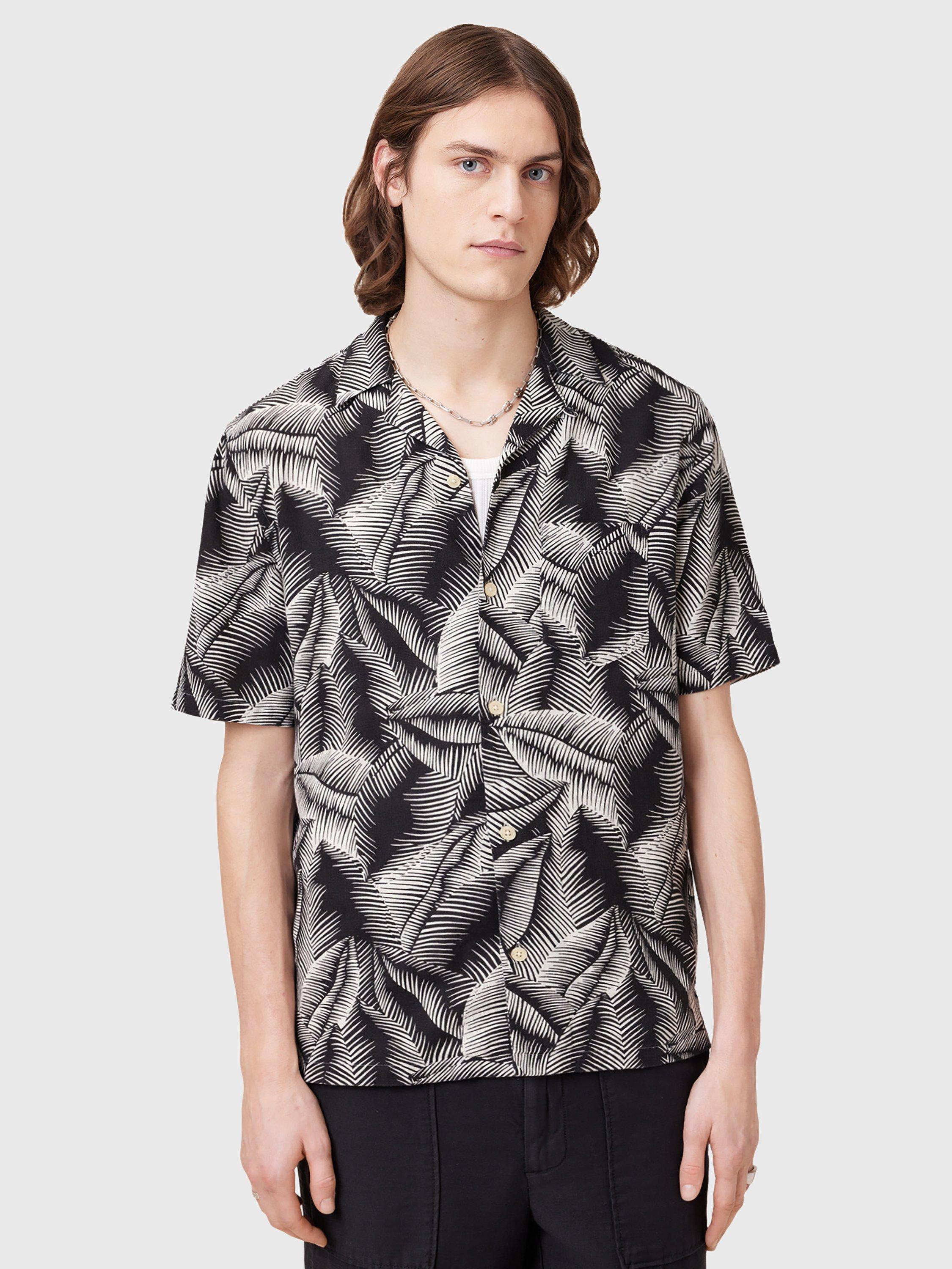 Product image 1 of 7, which shows AllSaints Marseille Linen Blend Regular Fit Abstract Shirt, Pebblestone Grey, S