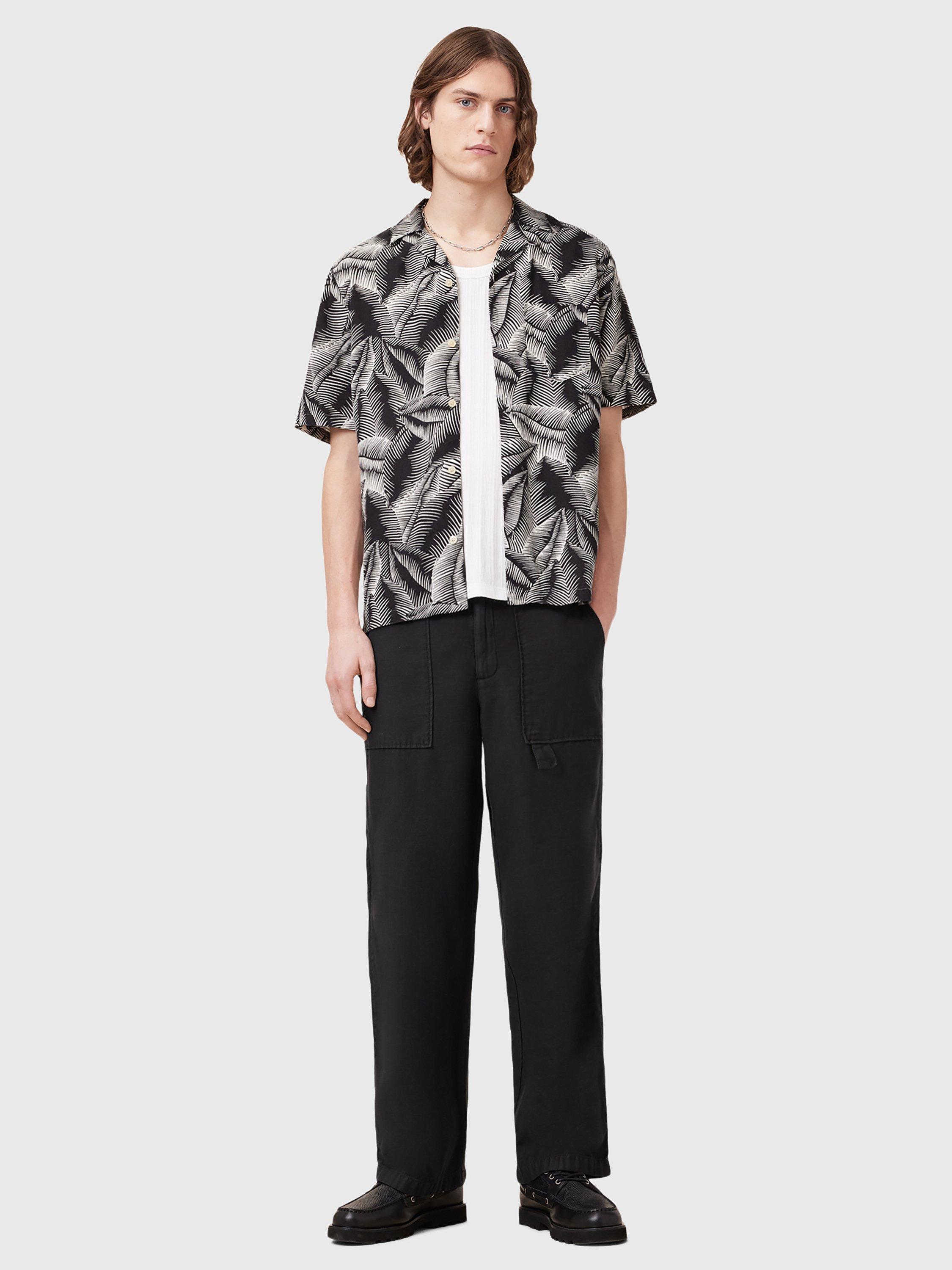 Product image 3 of 7, which shows AllSaints Marseille Linen Blend Regular Fit Abstract Shirt, Pebblestone Grey, S