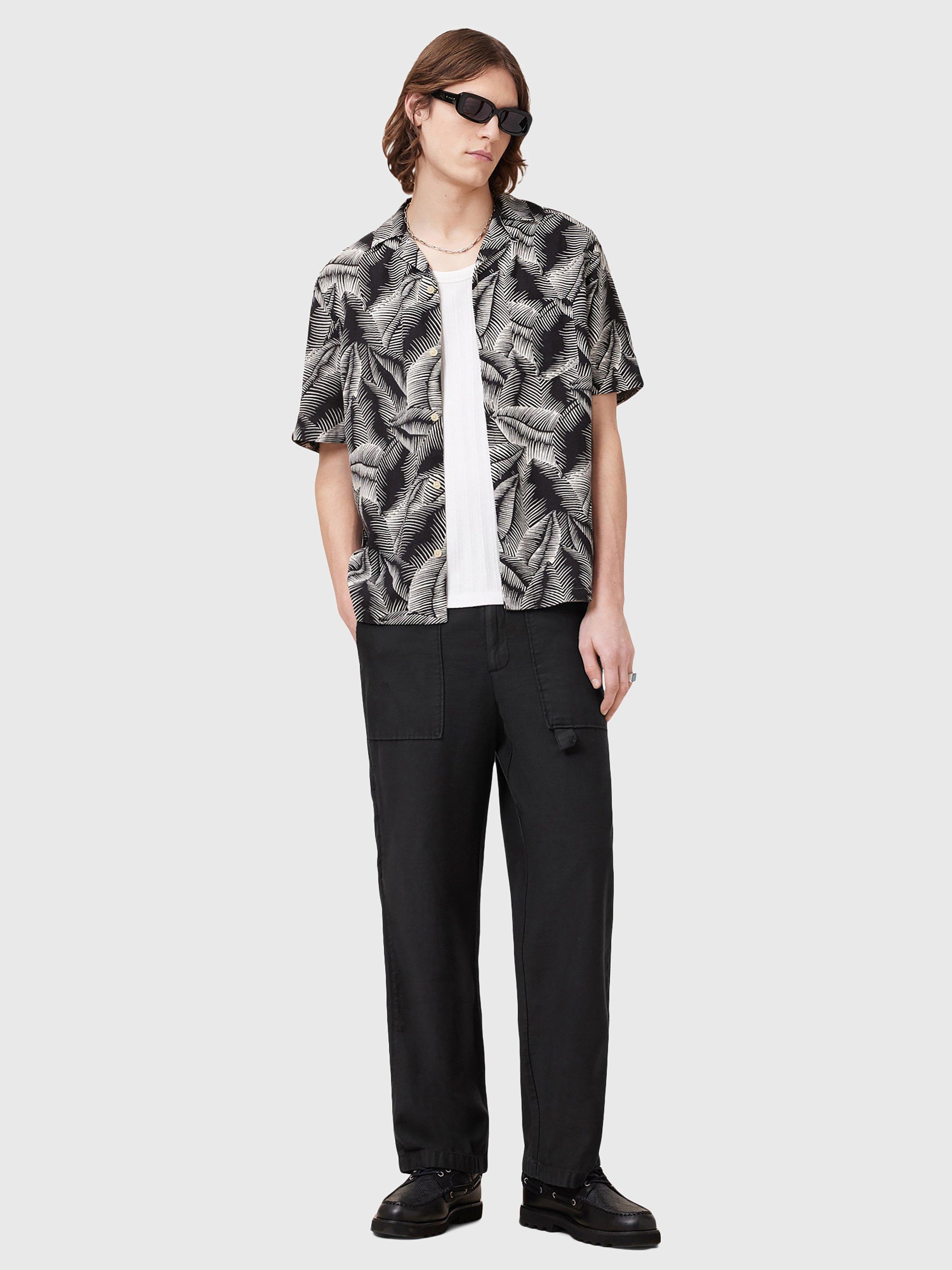 Product image 7 of 7, which shows AllSaints Marseille Linen Blend Regular Fit Abstract Shirt, Pebblestone Grey, S