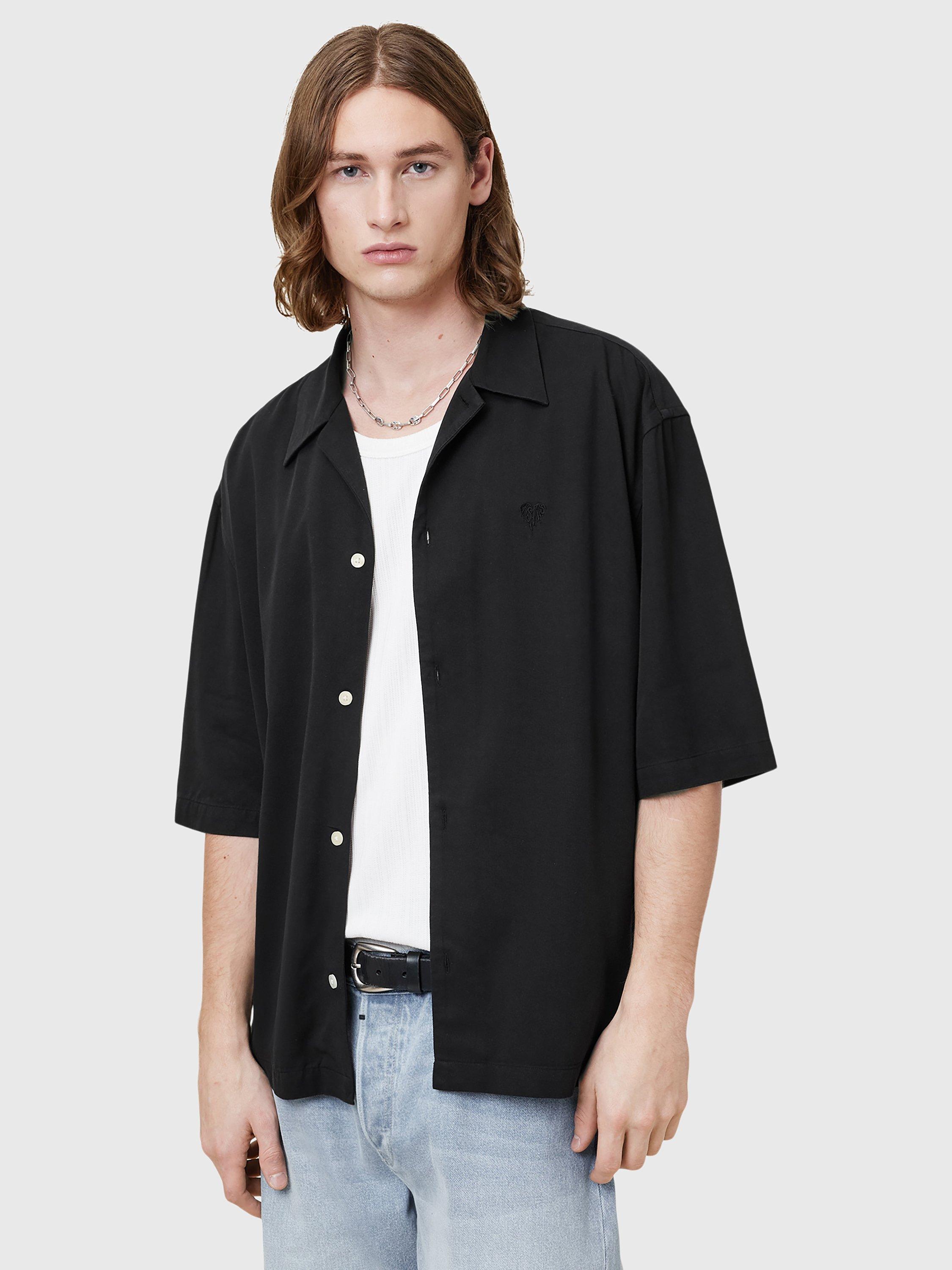 Product image 1 of 8, which shows AllSaints Rialto Loose Fit Resort Collar Shirt, Black, XS