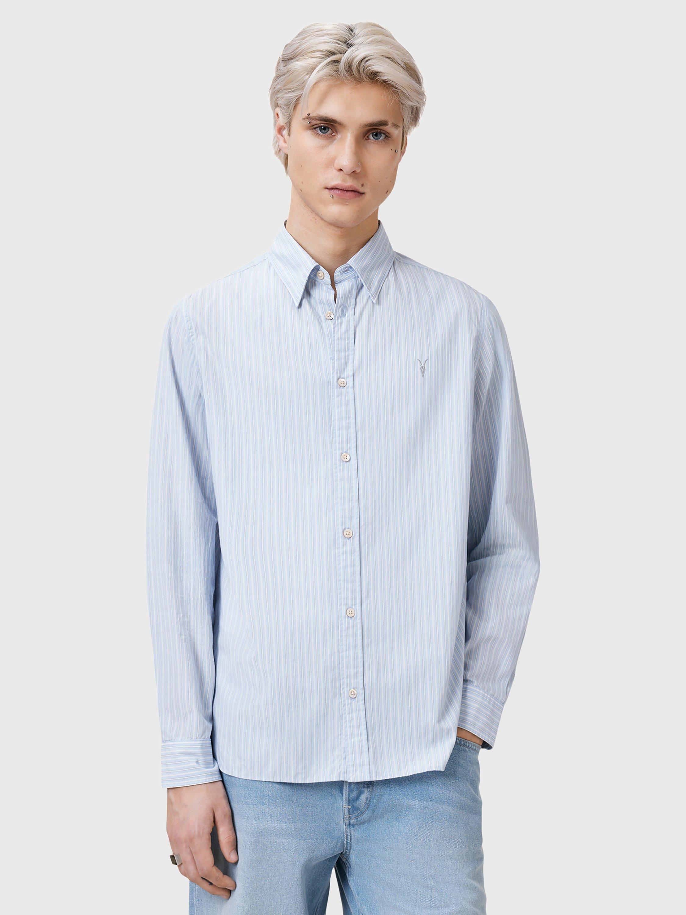 Product image 1 of 7, which shows AllSaints Saint Organic Cotton Loose Fit Stripe Shirt, Willow Blue, L