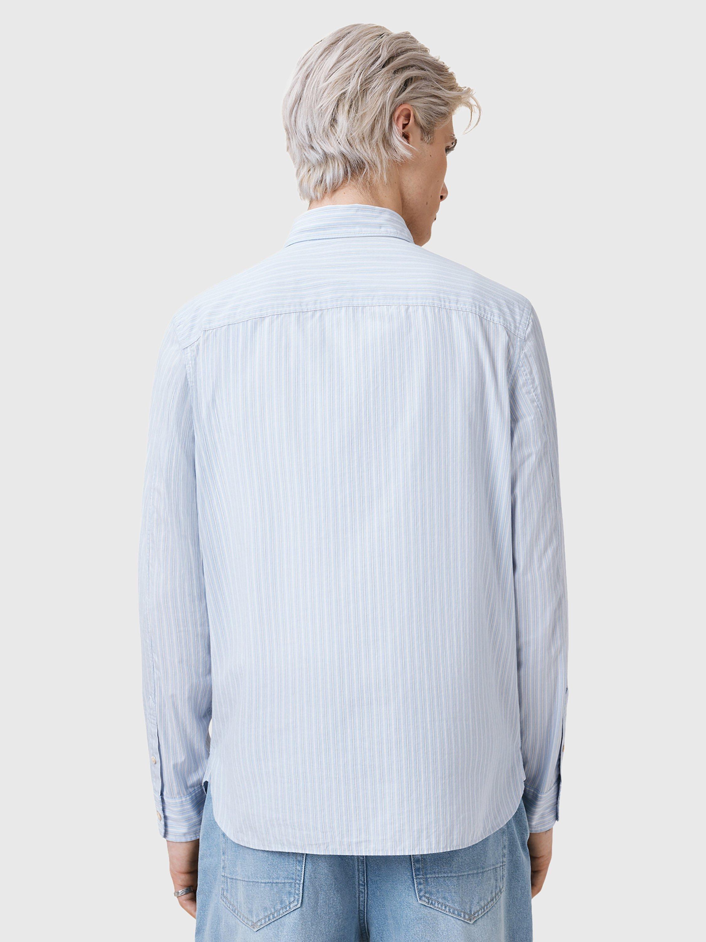 Product image 2 of 7, which shows AllSaints Saint Organic Cotton Loose Fit Stripe Shirt, Willow Blue, L