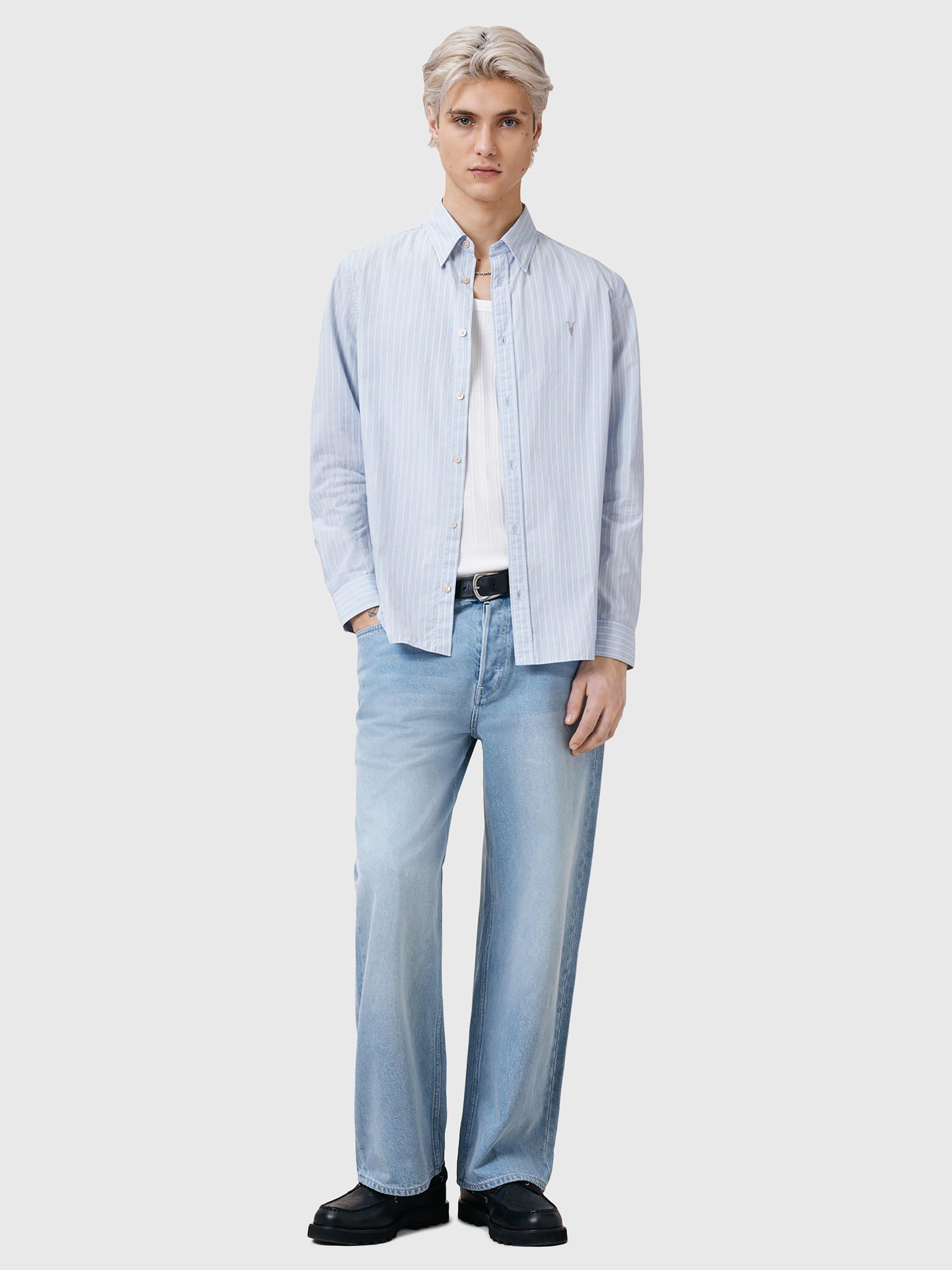 Product image 3 of 7, which shows AllSaints Saint Organic Cotton Loose Fit Stripe Shirt, Willow Blue, L