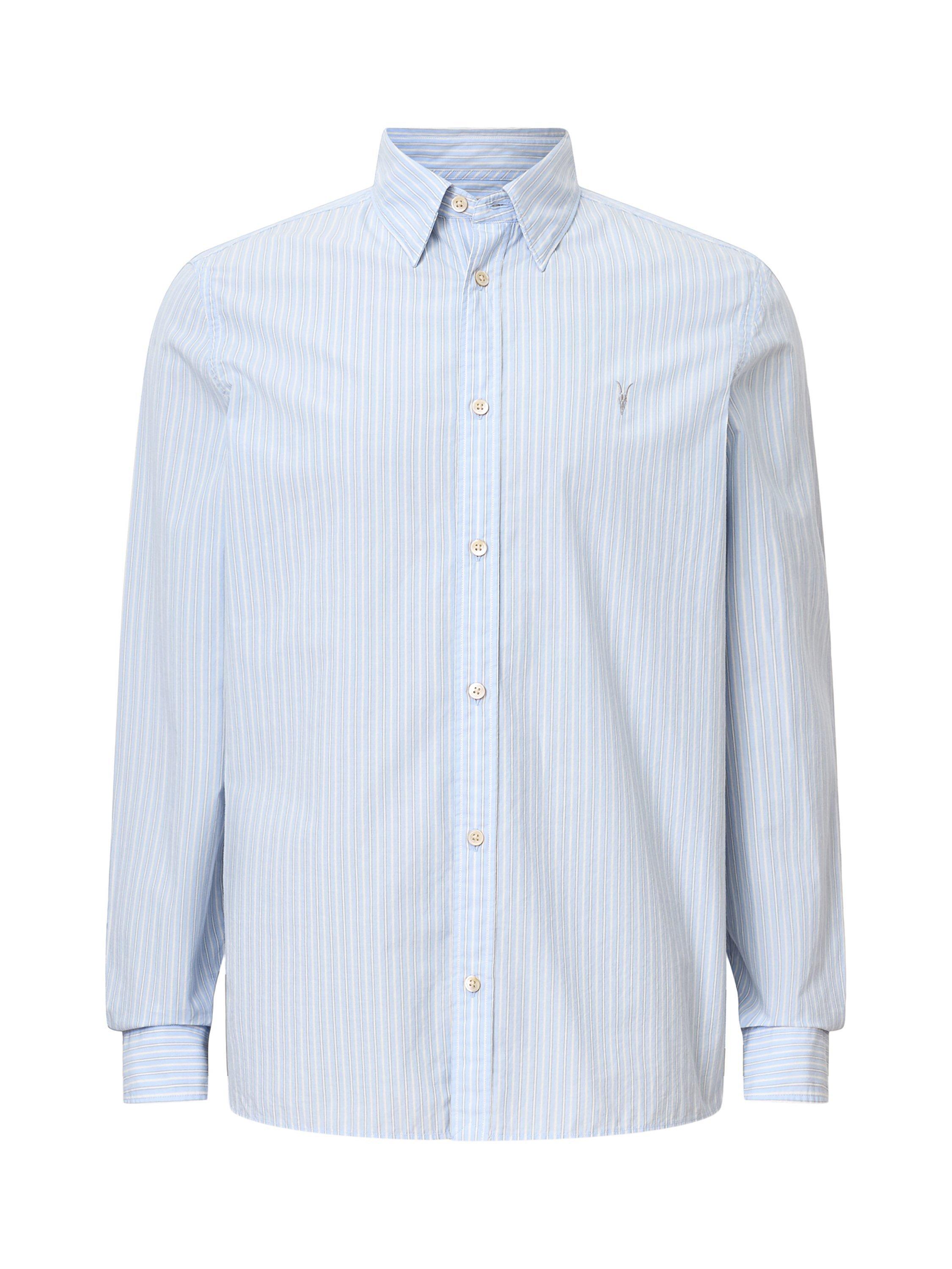 Product image 4 of 7, which shows AllSaints Saint Organic Cotton Loose Fit Stripe Shirt, Willow Blue, L