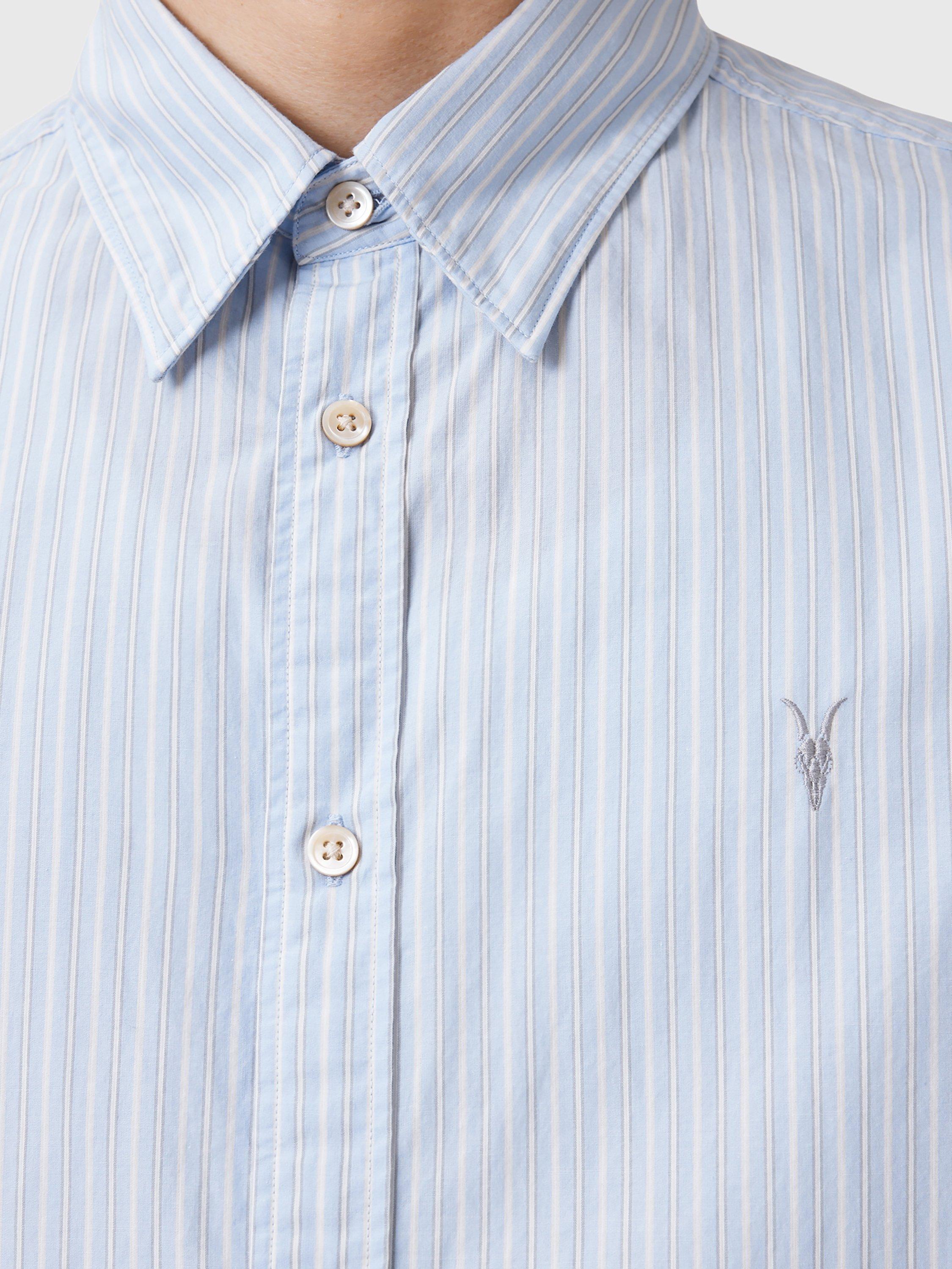 Product image 5 of 7, which shows AllSaints Saint Organic Cotton Loose Fit Stripe Shirt, Willow Blue, L