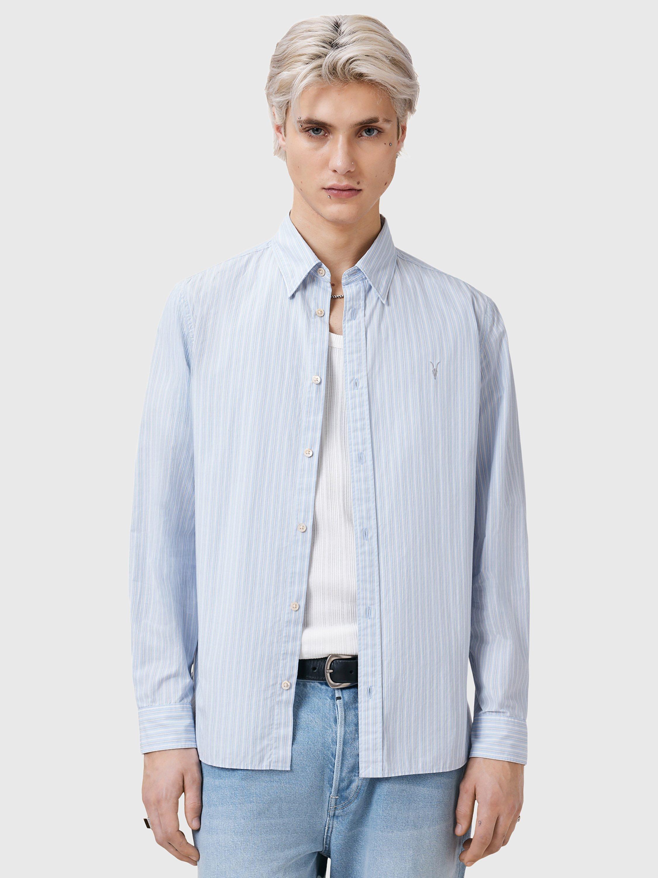 Product image 6 of 7, which shows AllSaints Saint Organic Cotton Loose Fit Stripe Shirt, Willow Blue, L