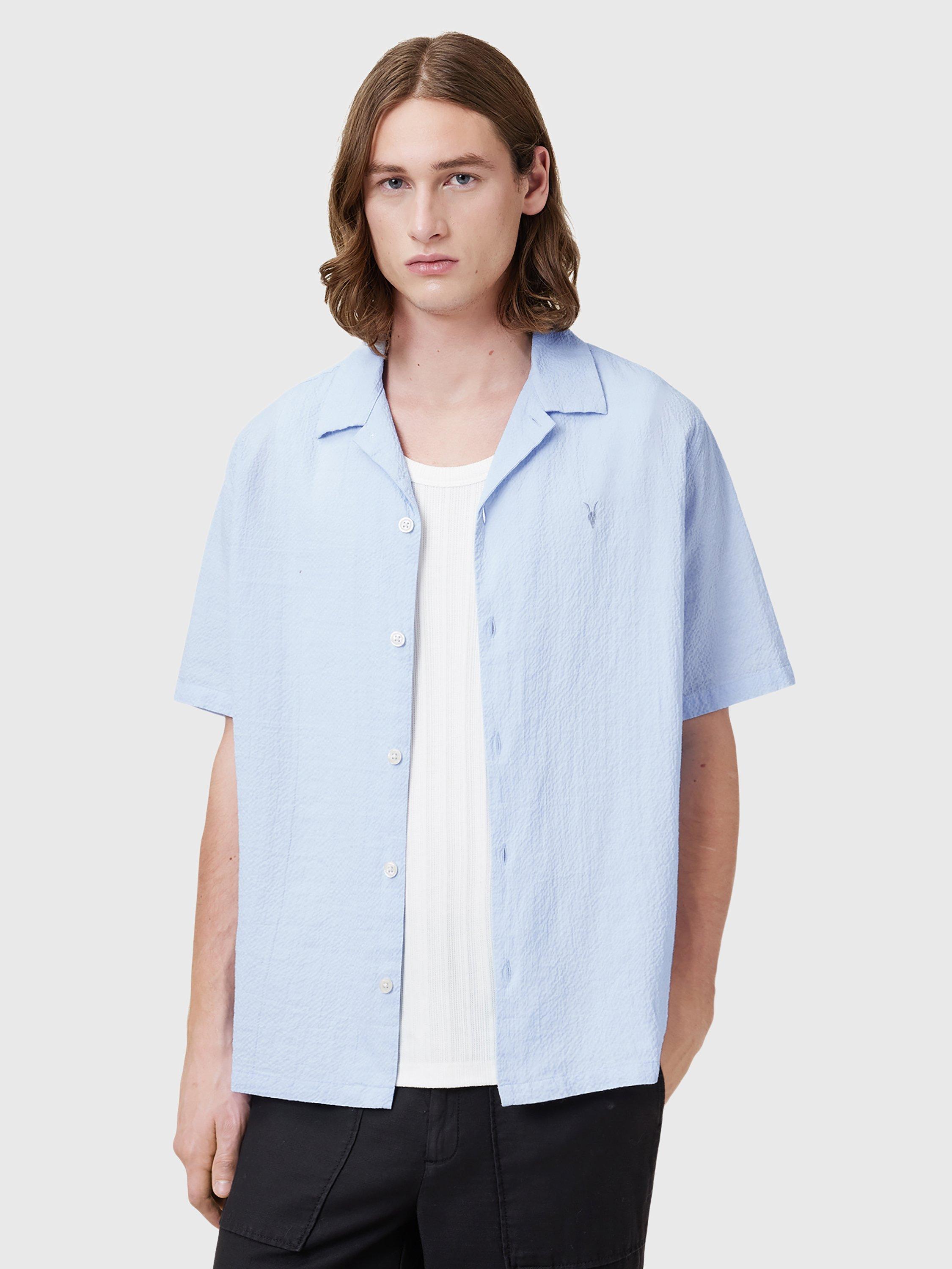 Product image 1 of 9, which shows AllSaints Valmer Cotton Blend Loose Fit Revere Collar Shirt, Shore Blue, XS