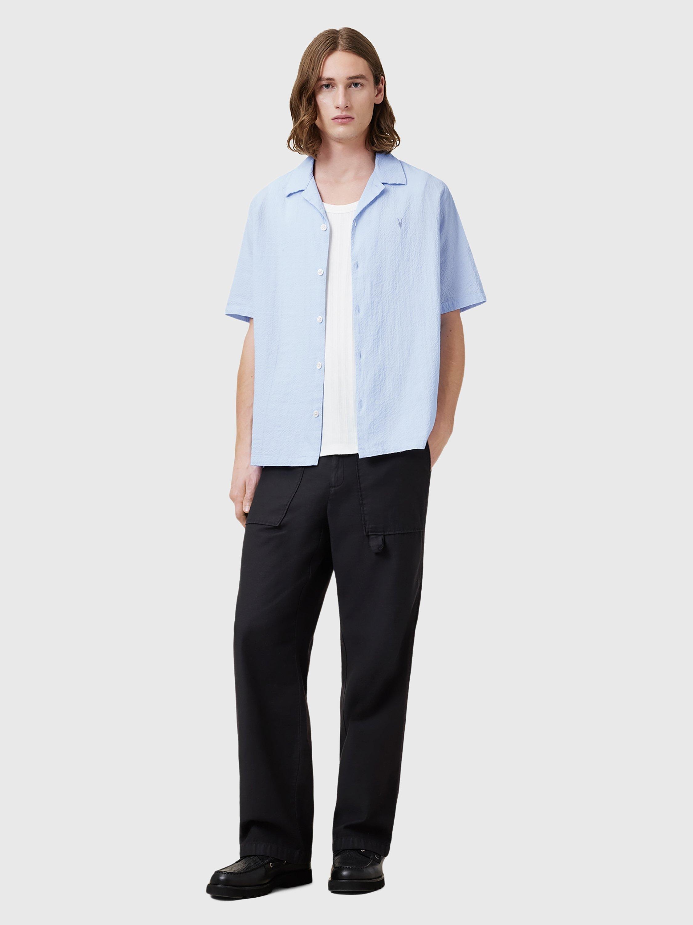 Product image 3 of 9, which shows AllSaints Valmer Cotton Blend Loose Fit Revere Collar Shirt, Shore Blue, XS