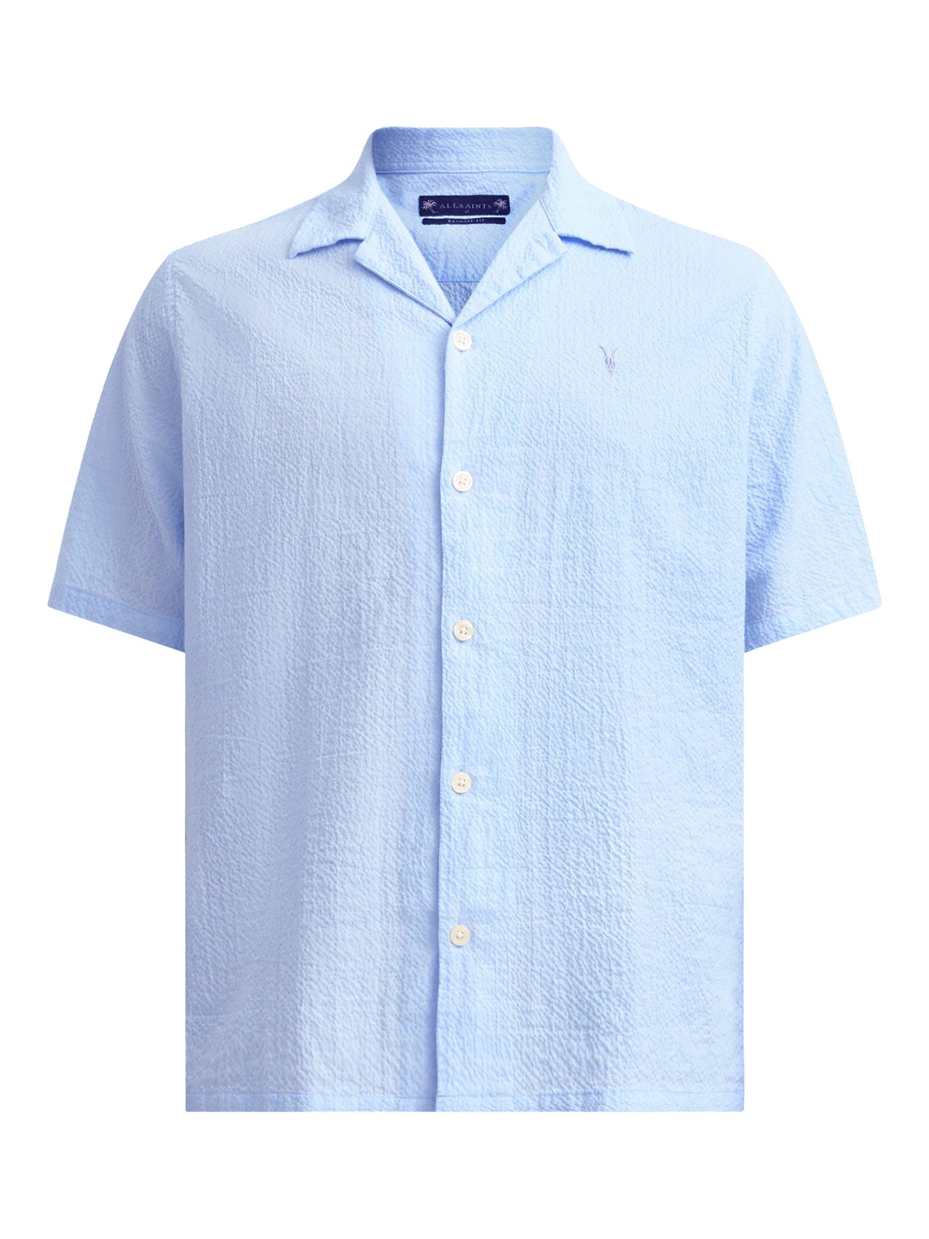 Product image 4 of 9, which shows AllSaints Valmer Cotton Blend Loose Fit Revere Collar Shirt, Shore Blue, XS