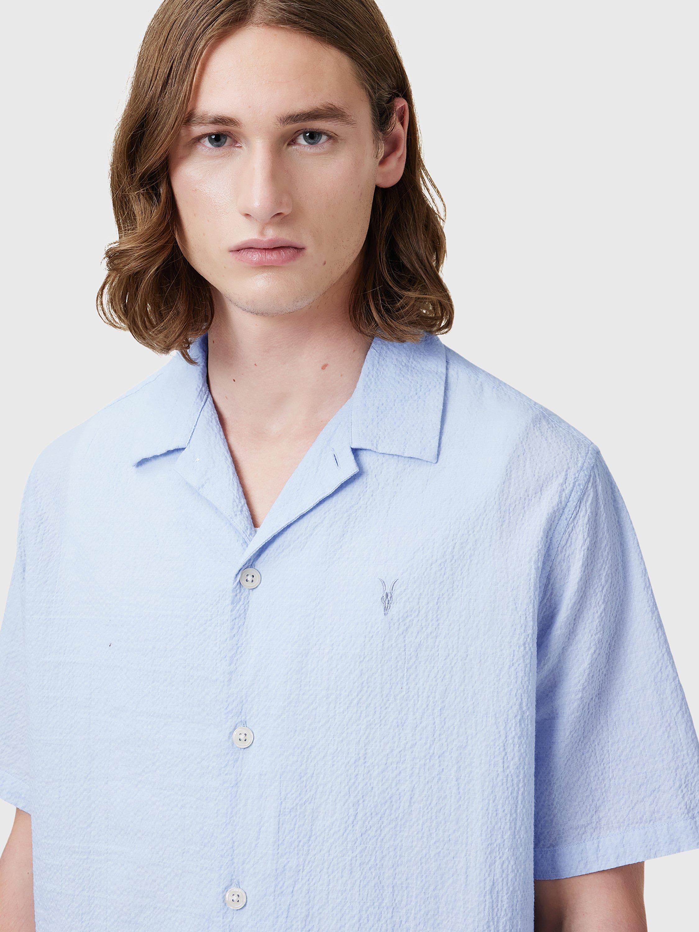 Product image 5 of 9, which shows AllSaints Valmer Cotton Blend Loose Fit Revere Collar Shirt, Shore Blue, XS