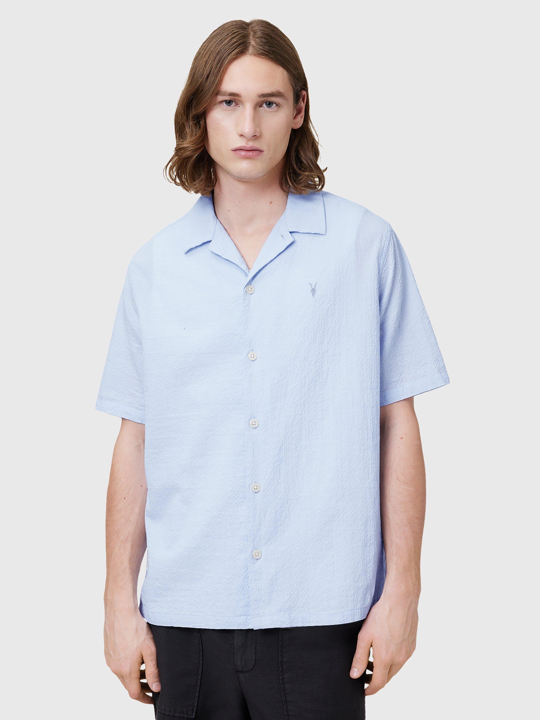Product image 6 of 9, which shows AllSaints Valmer Cotton Blend Loose Fit Revere Collar Shirt, Shore Blue, XS