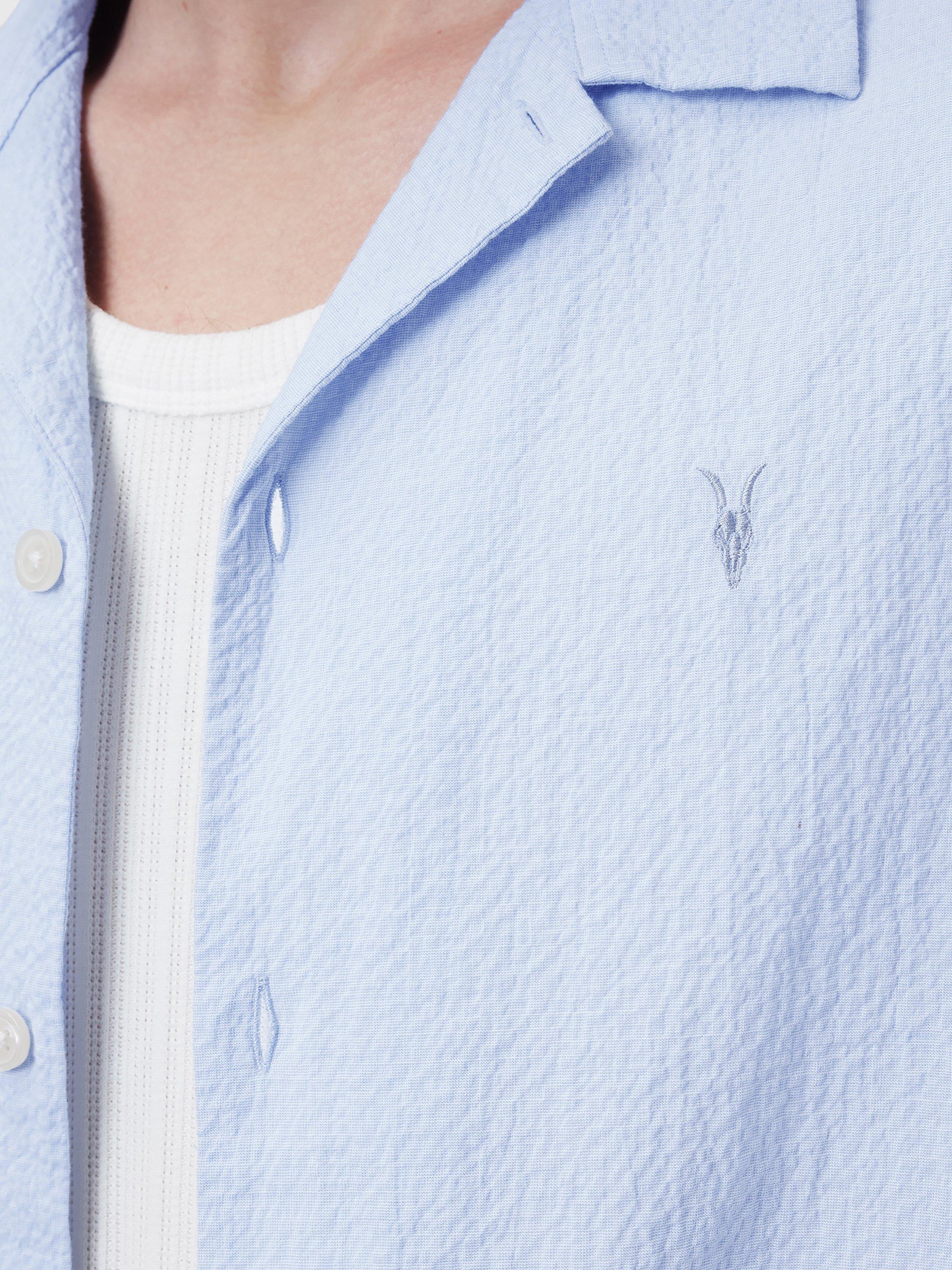 Product image 7 of 9, which shows AllSaints Valmer Cotton Blend Loose Fit Revere Collar Shirt, Shore Blue, XS