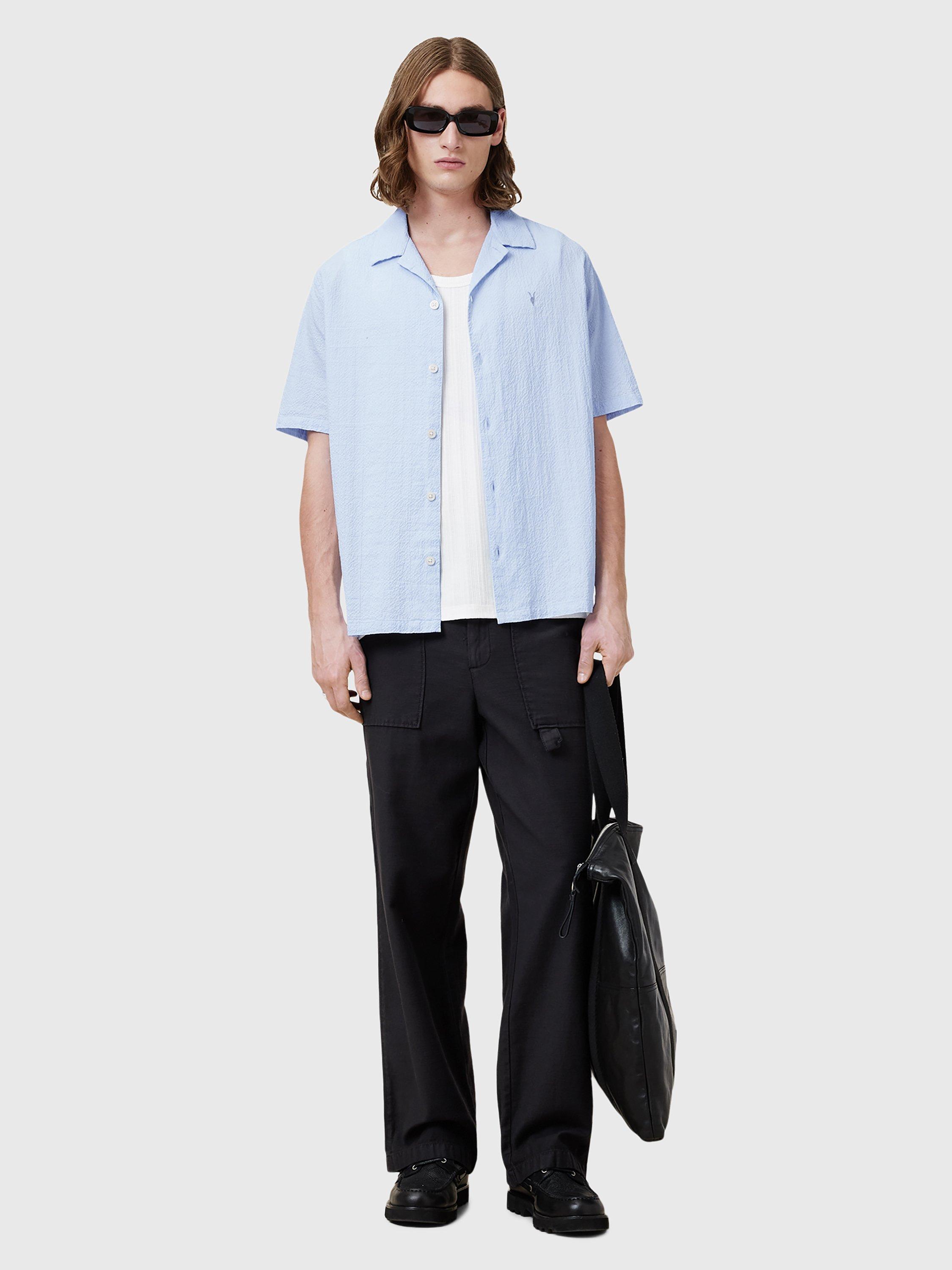 Product image 9 of 9, which shows AllSaints Valmer Cotton Blend Loose Fit Revere Collar Shirt, Shore Blue, XS