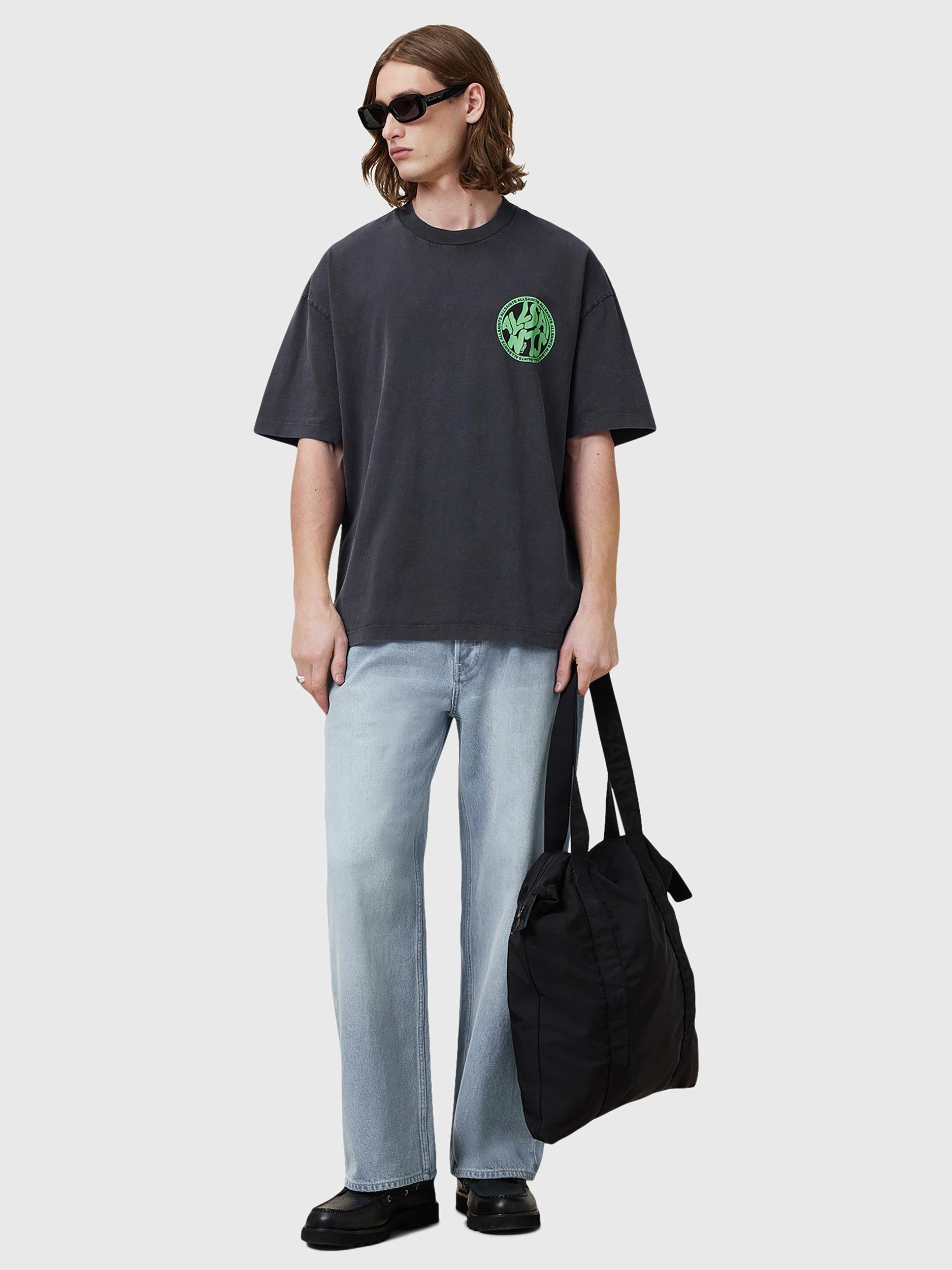 Product image 1 of 7, which shows AllSaints Distortion Organic Cotton Loose Fit Short Sleeve Logo T-Shirt, Washed Black, L