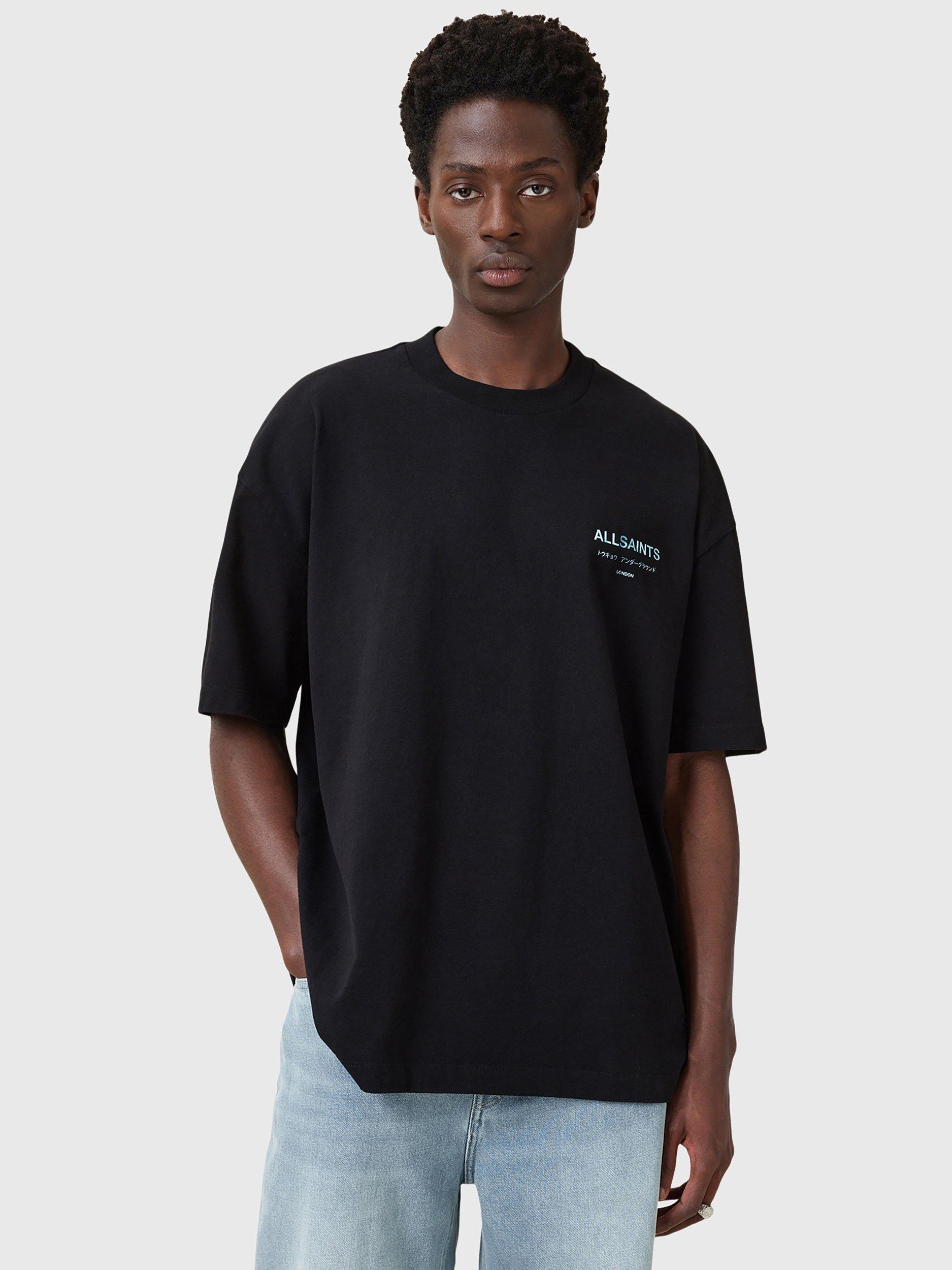Product image 1 of 7, which shows AllSaints Underground Organic Cotton Short Sleeve T-Shirt, Jet Black/Blue, L