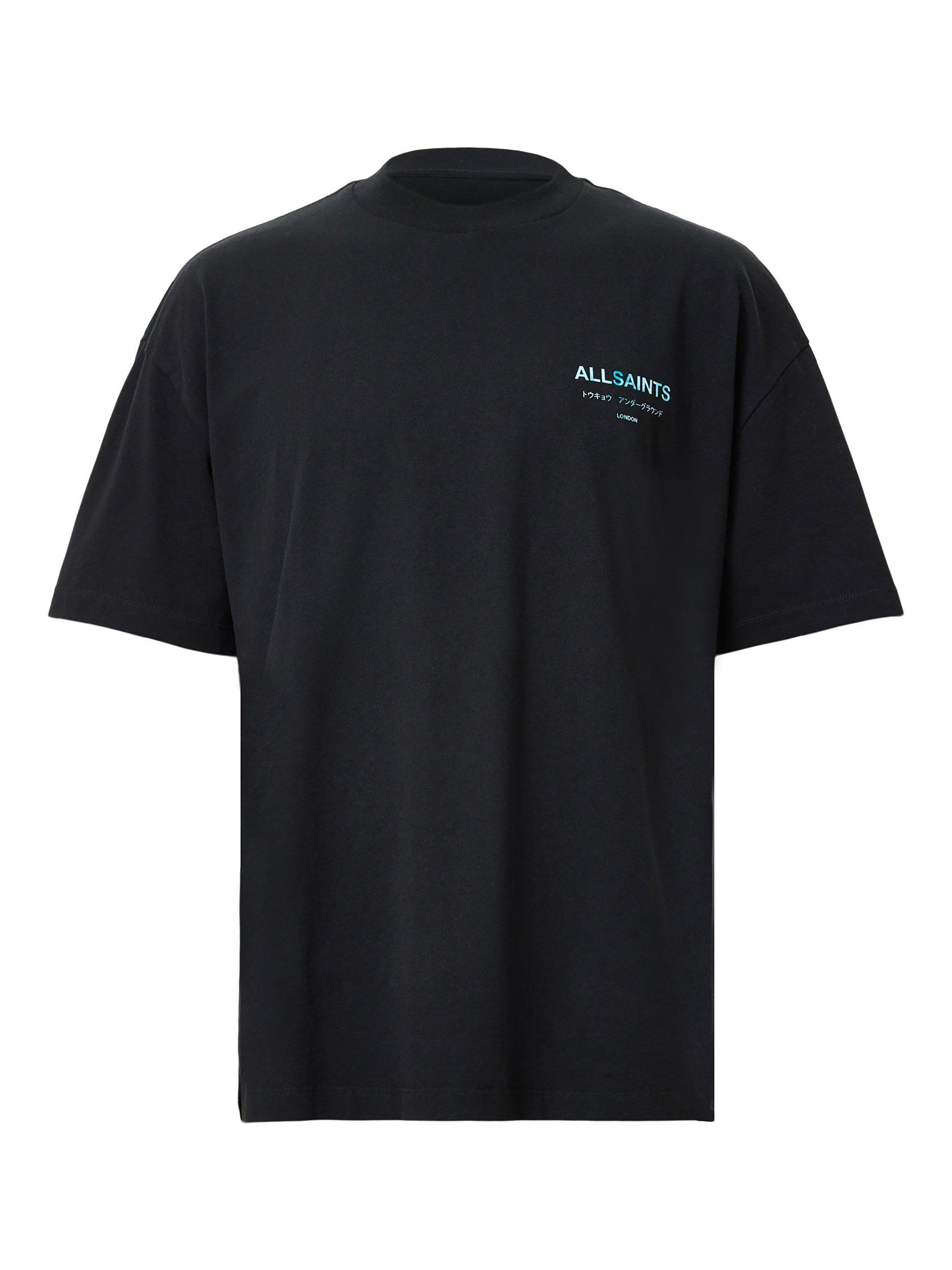 Product image 4 of 7, which shows AllSaints Underground Organic Cotton Short Sleeve T-Shirt, Jet Black/Blue, L