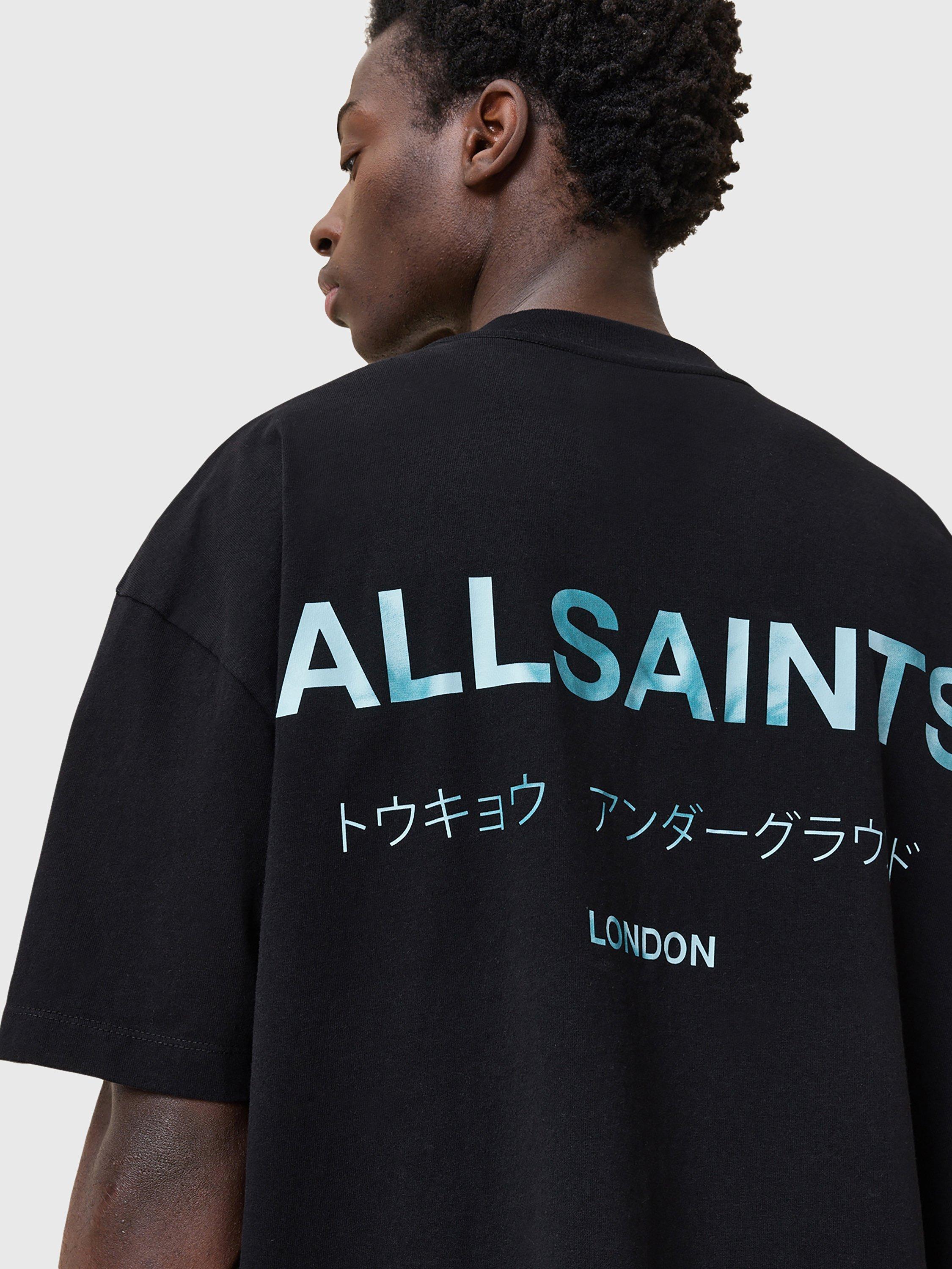 Product image 5 of 7, which shows AllSaints Underground Organic Cotton Short Sleeve T-Shirt, Jet Black/Blue, L