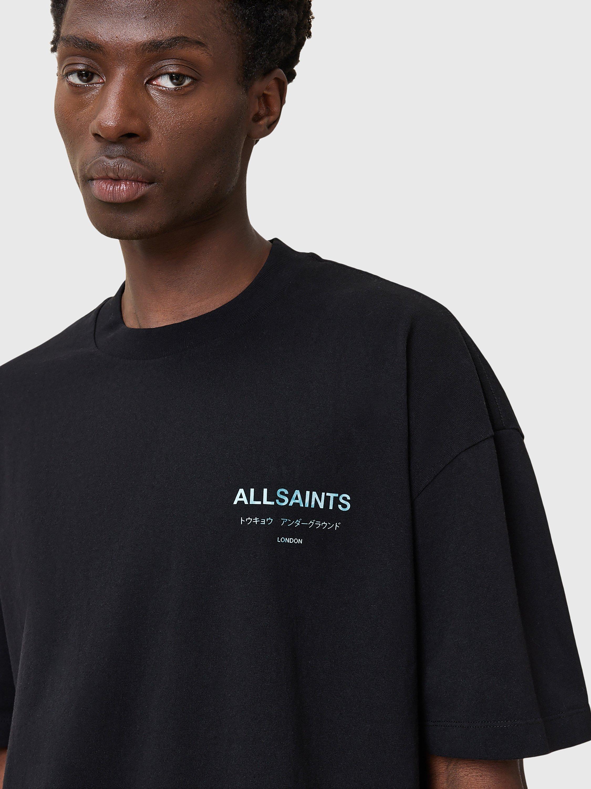 Product image 6 of 7, which shows AllSaints Underground Organic Cotton Short Sleeve T-Shirt, Jet Black/Blue, L