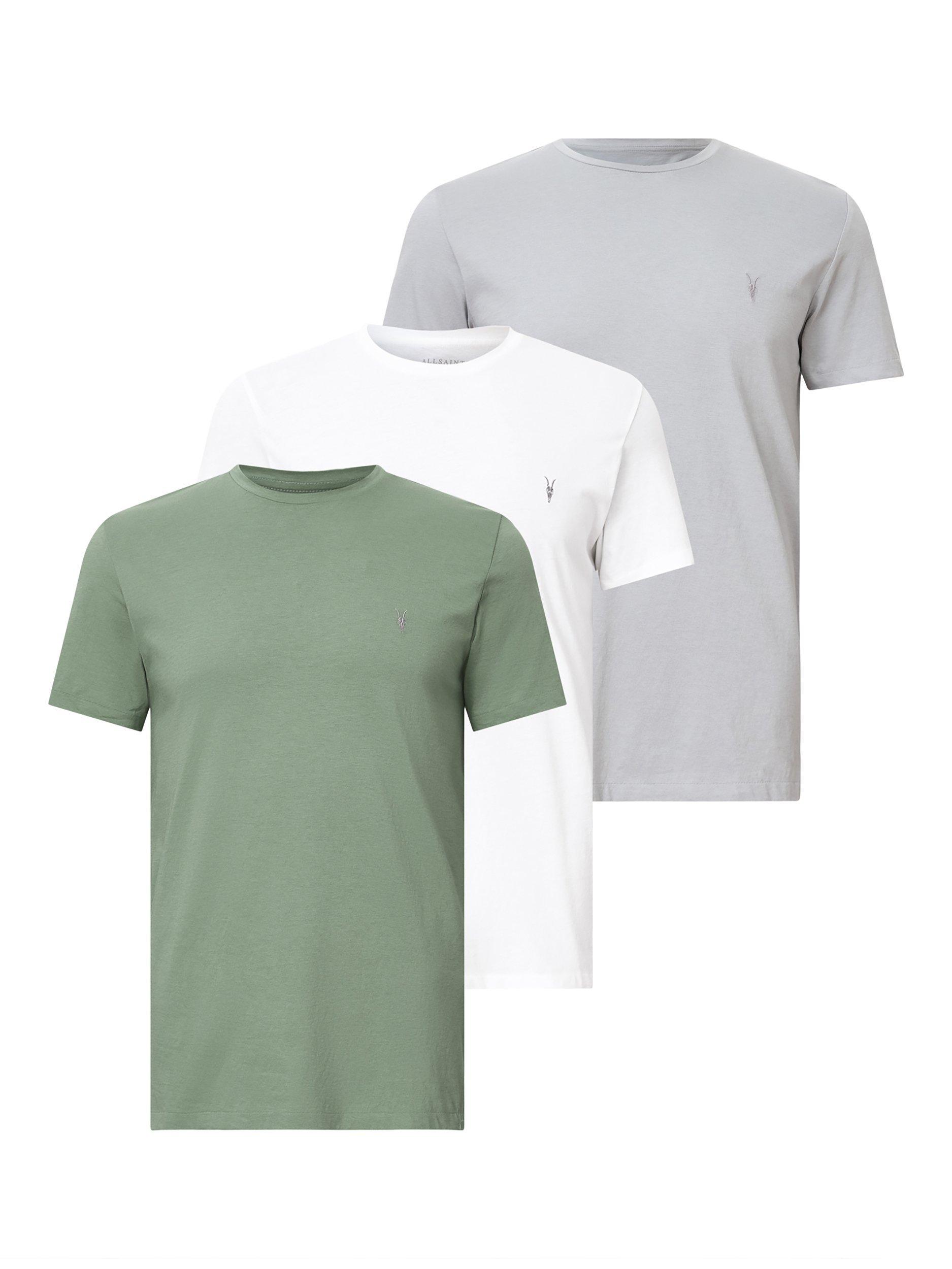 Product image 4 of 8, which shows AllSaints Tonic Slim Fit Crew Neck T-Shirts, Pack of 3, White/Green/Grey, L