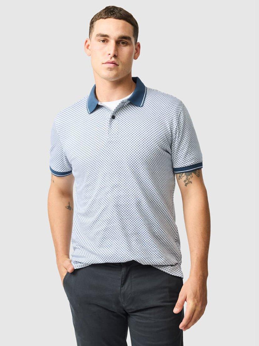 Product image 1 of 6, which shows Rodd & Gunn Lynden Geo Print Premium Cotton Slim Fit Short Sleeve Polo Shirt, Snow, XS