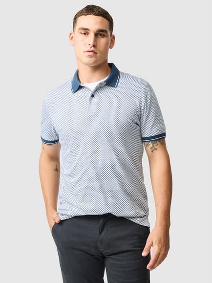 Rodd & Gunn Lynden Geo Print Premium Cotton Slim Fit Short Sleeve Polo Shirt, Snow