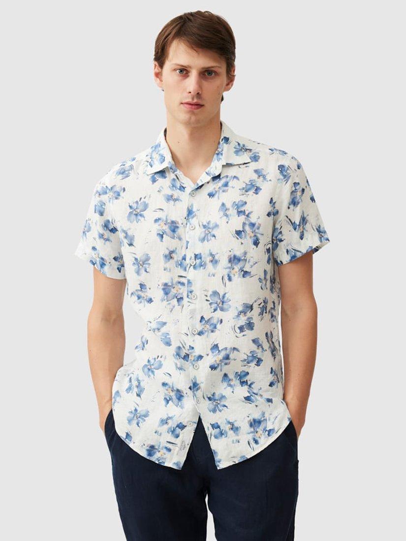 Product image 1 of 5, which shows Rodd & Gunn Portland Island Floral Print Linen Slim Fit Short Sleeve Shirt, Ceramic, XS