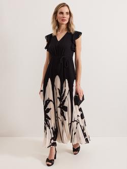 Phase Eight Petite Uma Printed Pleat Maxi Dress, Black/Multi, Black/Multi