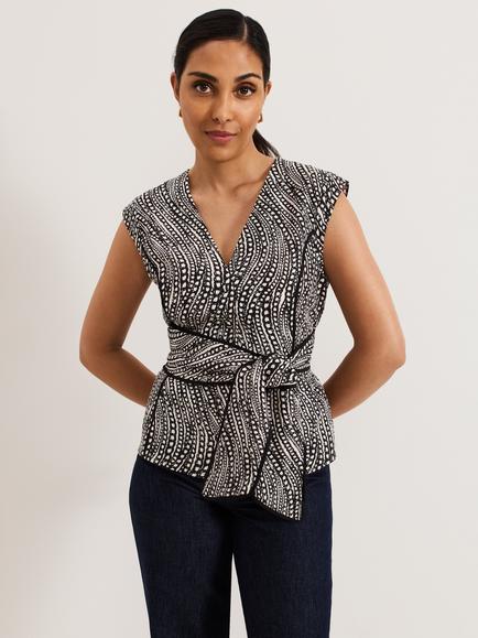 Phase Eight Petite Mariana Chain Print Linen Rich Top, Black/Ivory, Black/Ivory