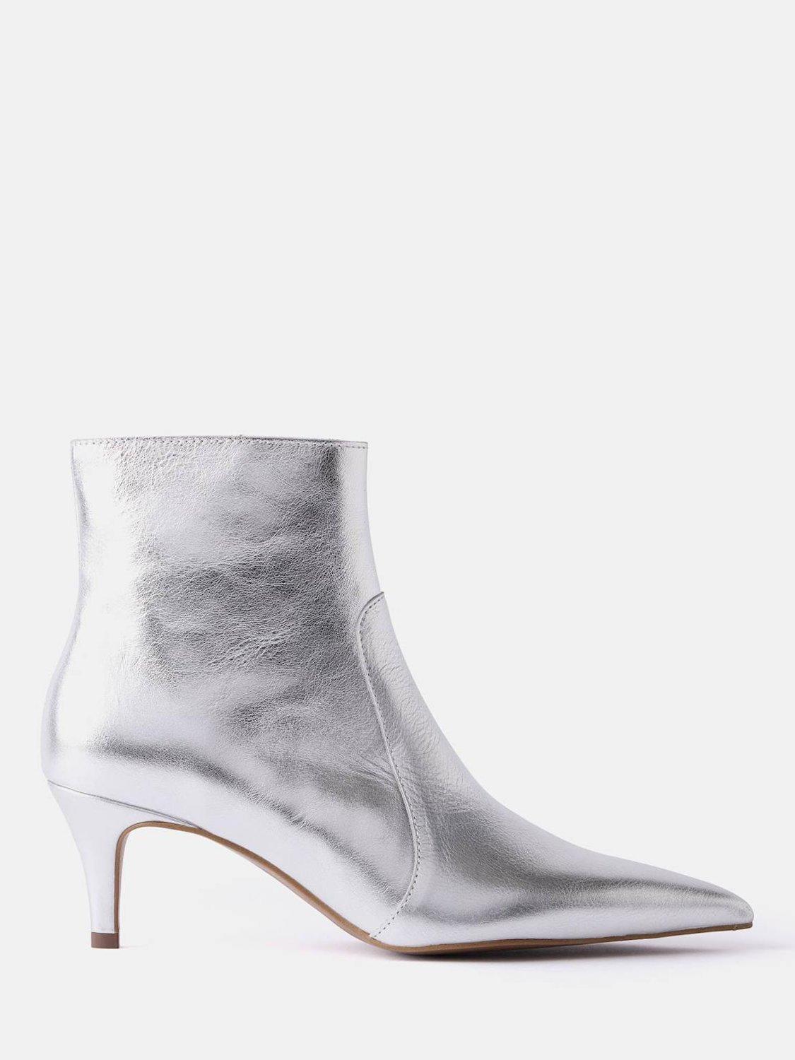 Product image 1 of 5, which shows Mint Velvet Kaia Leather Kitten Heel Ankle Boots, Silver, 3