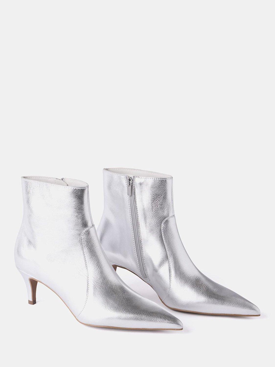 Product image 2 of 5, which shows Mint Velvet Kaia Leather Kitten Heel Ankle Boots, Silver, 3