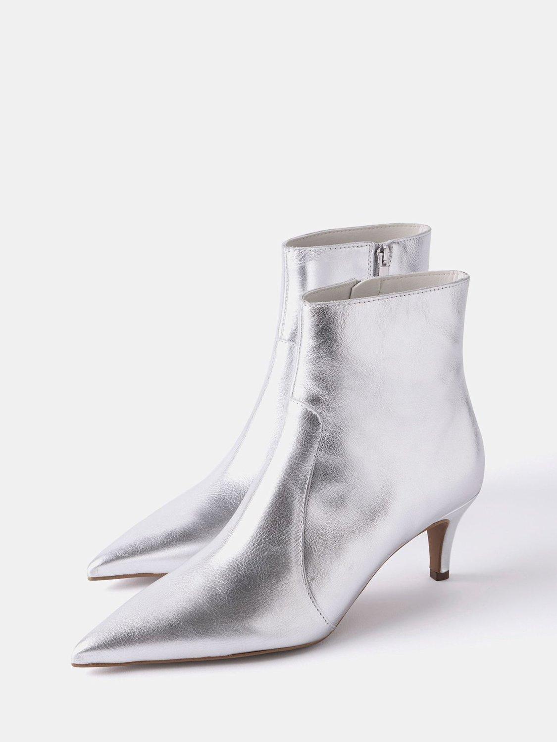 Product image 4 of 5, which shows Mint Velvet Kaia Leather Kitten Heel Ankle Boots, Silver, 3